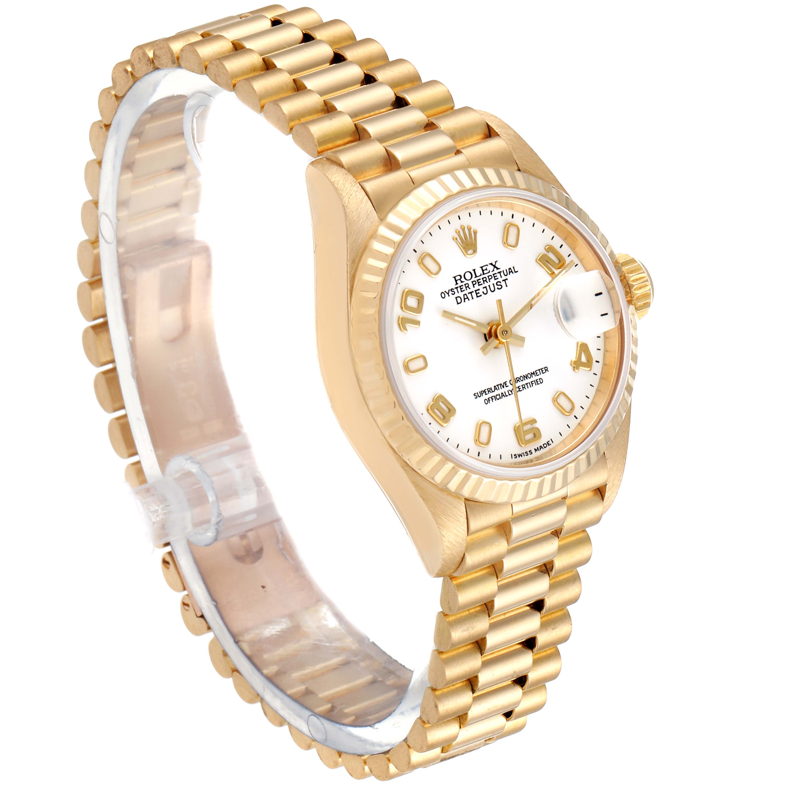 The image shows a gold Rolex President 69178 Women's Yellow Gold White Dial 69178 Women's Yellow Gold White Dial model watch from a side angle, displaying its bracelet, bezel, crown, and dial.