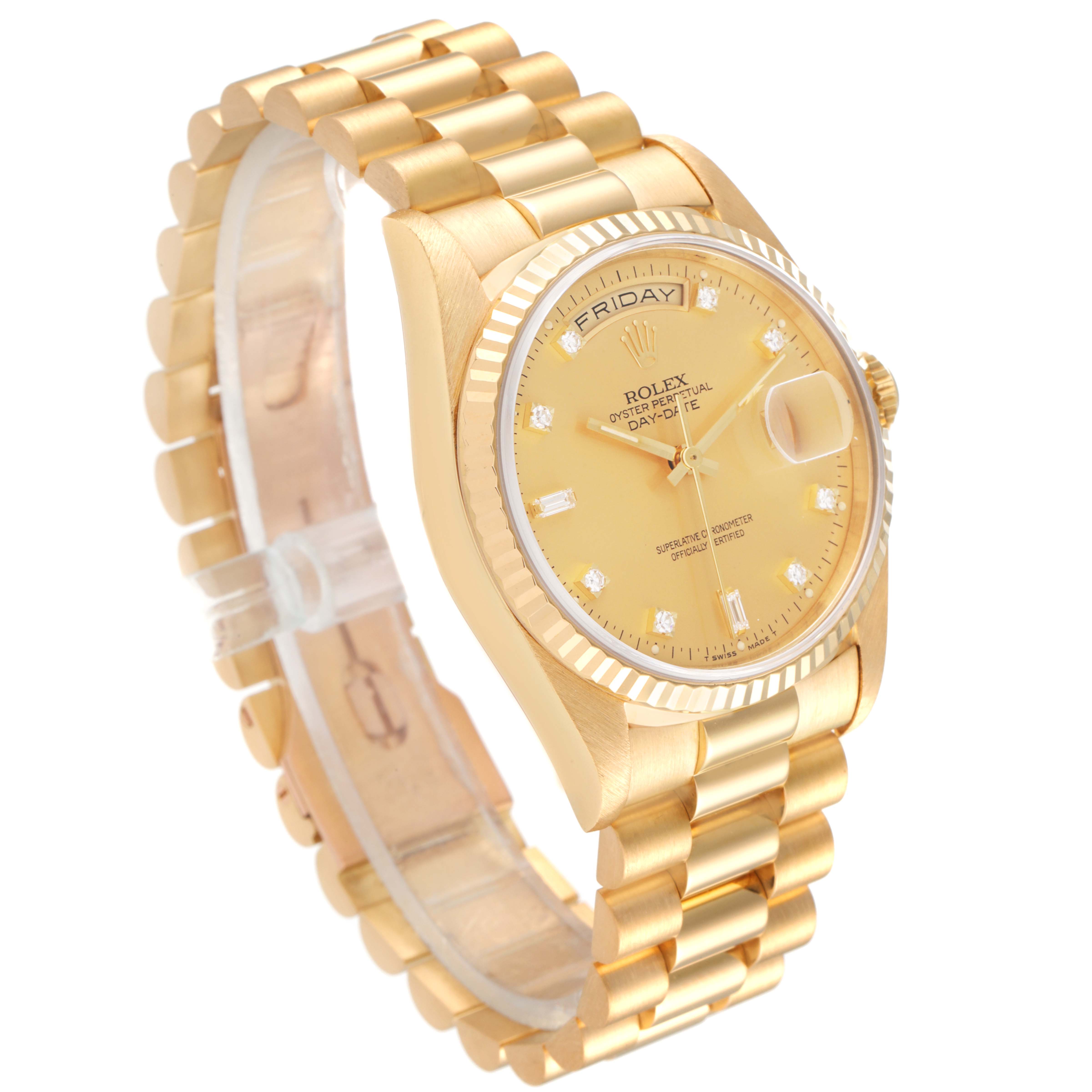 This image shows a Rolex President 18238 Men
s Yellow Gold Champagne Dial 18238 Men
s Yellow Gold Champagne Dial model watch from a three-quarter view, showcasing its face and bracelet.