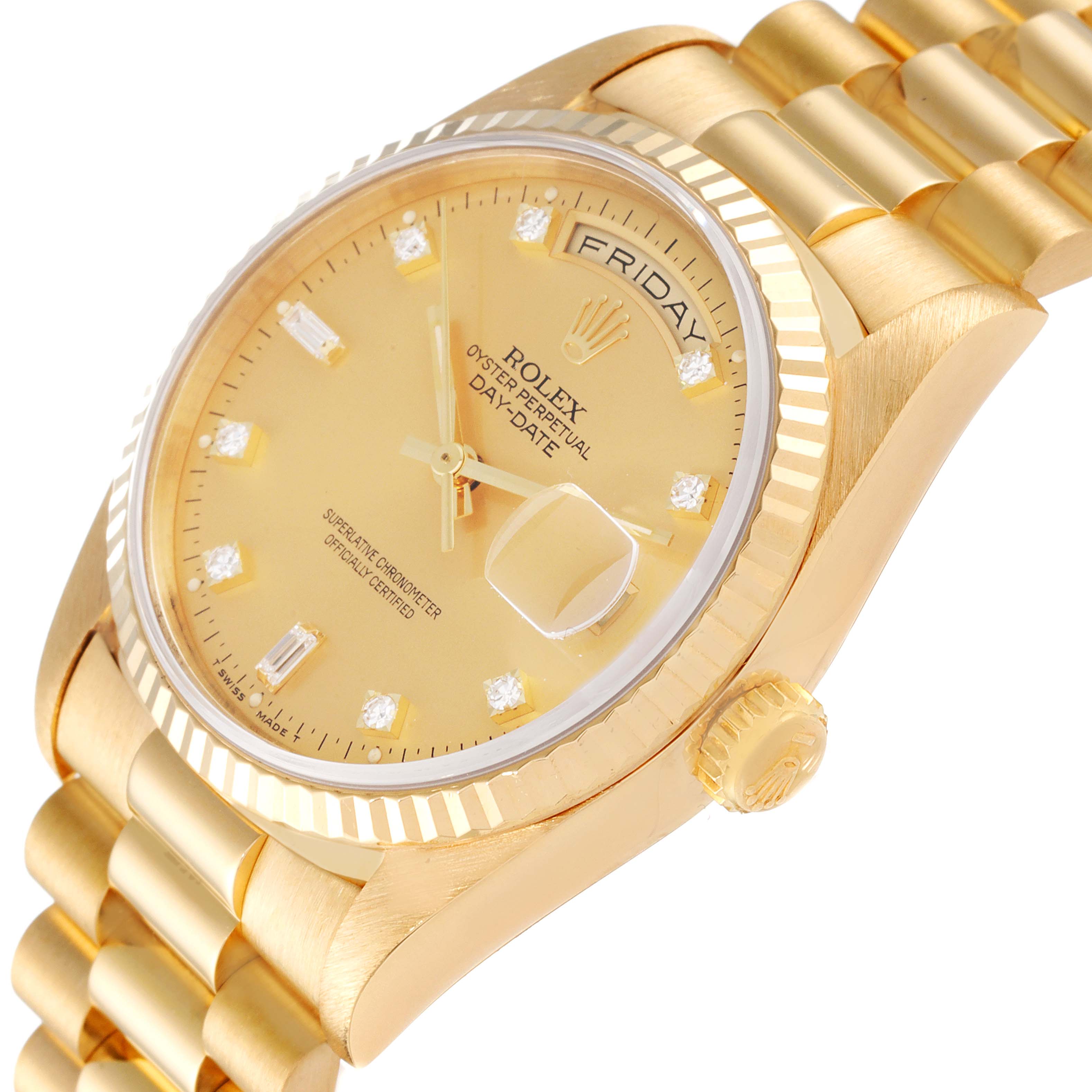 The Rolex President 18238 Men
s Yellow Gold Champagne Dial 18238 Men
s Yellow Gold Champagne Dial model watch is shown from an angled close-up, highlighting the dial, crown, and part of the bracelet.