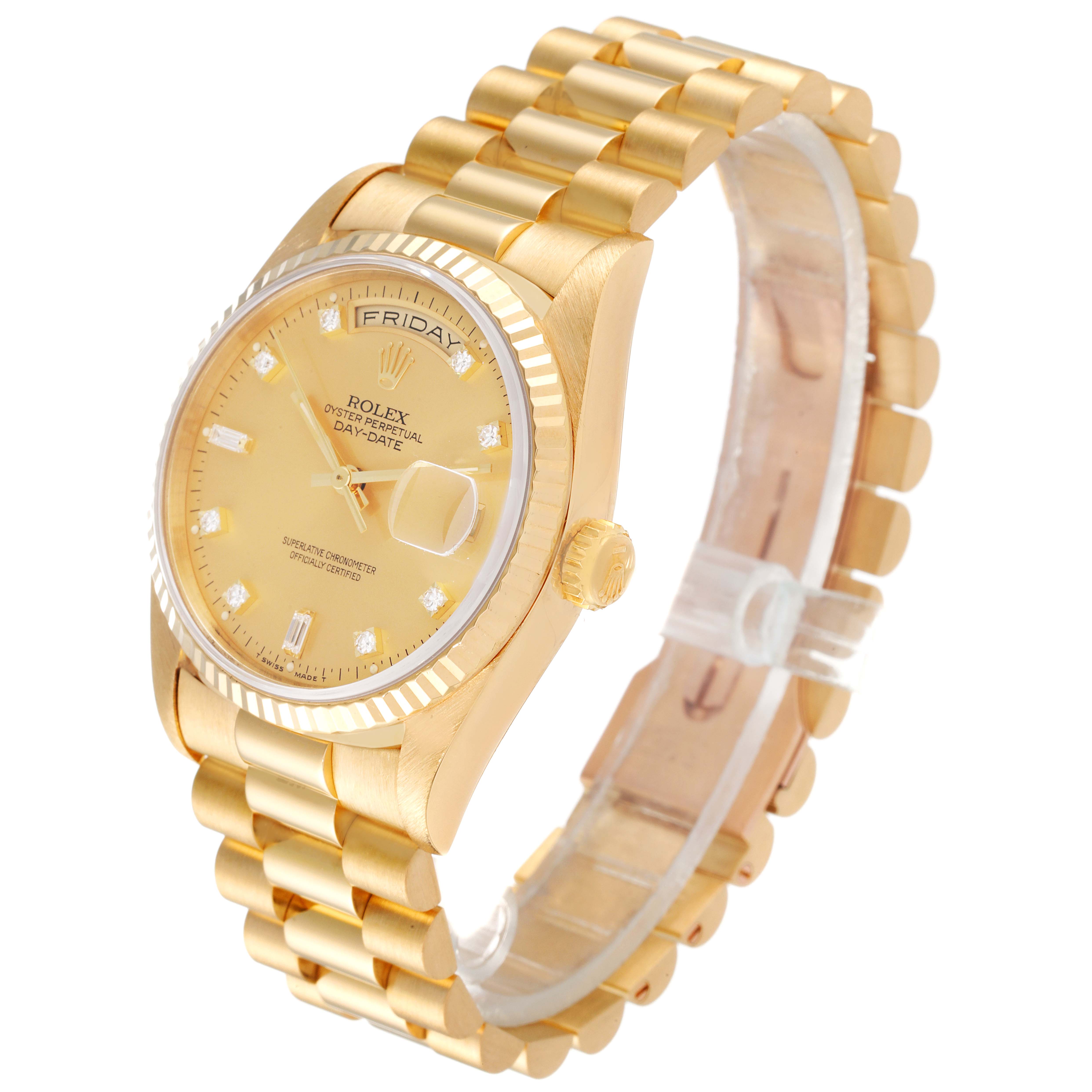 The Rolex President 18238 Men
s Yellow Gold Champagne Dial 18238 Men
s Yellow Gold Champagne Dial model is shown from an angled front view, highlighting the dial, bracelet, and bezel.