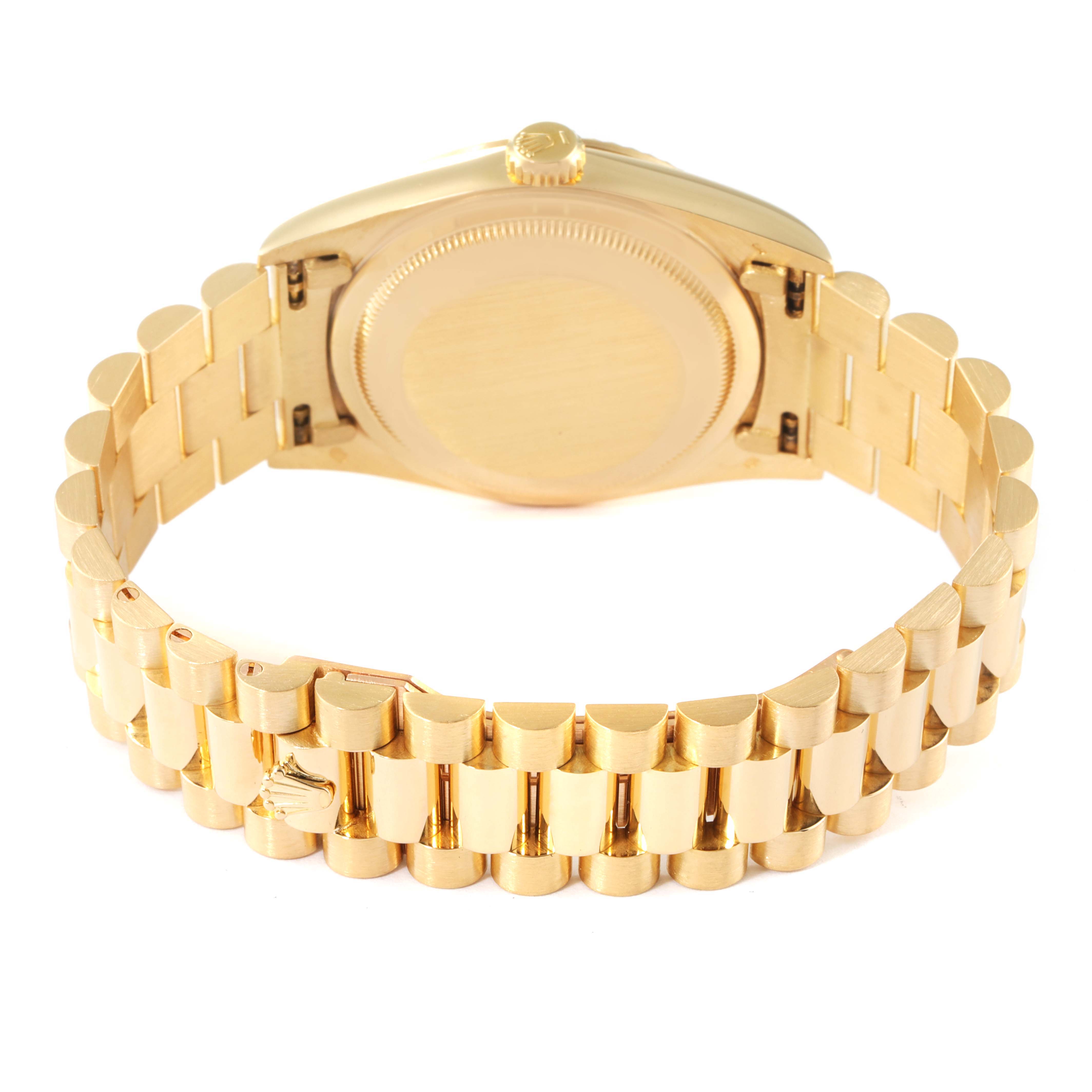 The image shows the backside and band of a Rolex President 18238 Men
s Yellow Gold Champagne Dial 18238 Men
s Yellow Gold Champagne Dial model watch.