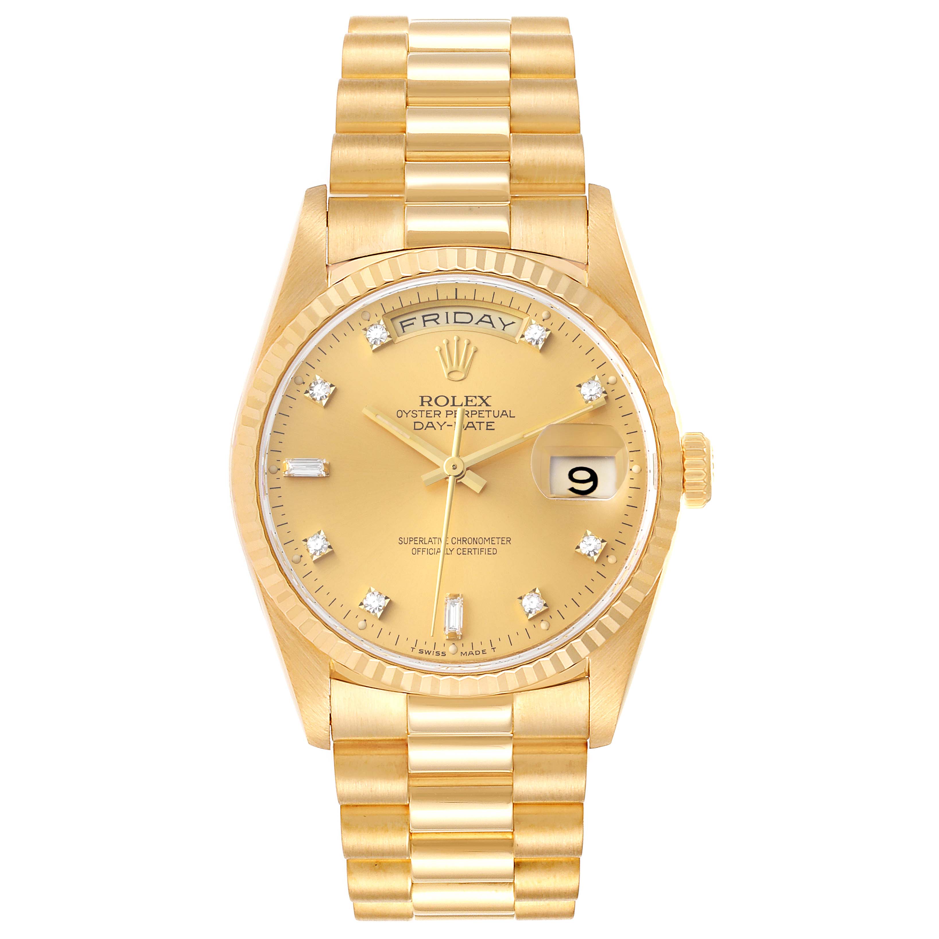 This image shows a front view of the Rolex President 18238 Men
s Yellow Gold Champagne Dial 18238 Men
s Yellow Gold Champagne Dial model watch, highlighting the dial, bezel, case, and bracelet.