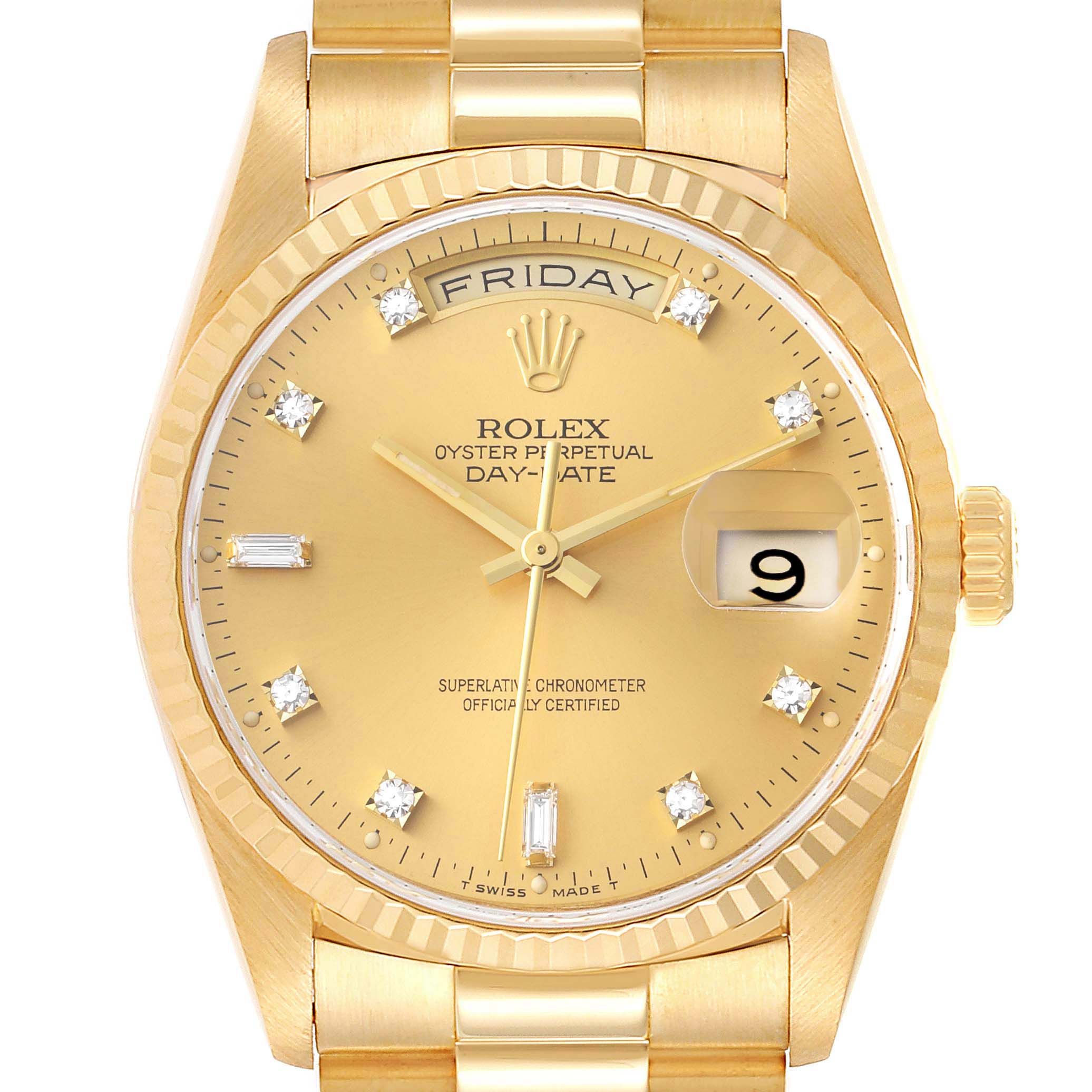 This image shows a front view of a Rolex President 18238 Men
s Yellow Gold Champagne Dial 18238 Men
s Yellow Gold Champagne Dial model watch, displaying the face, bezel, day, and date features.