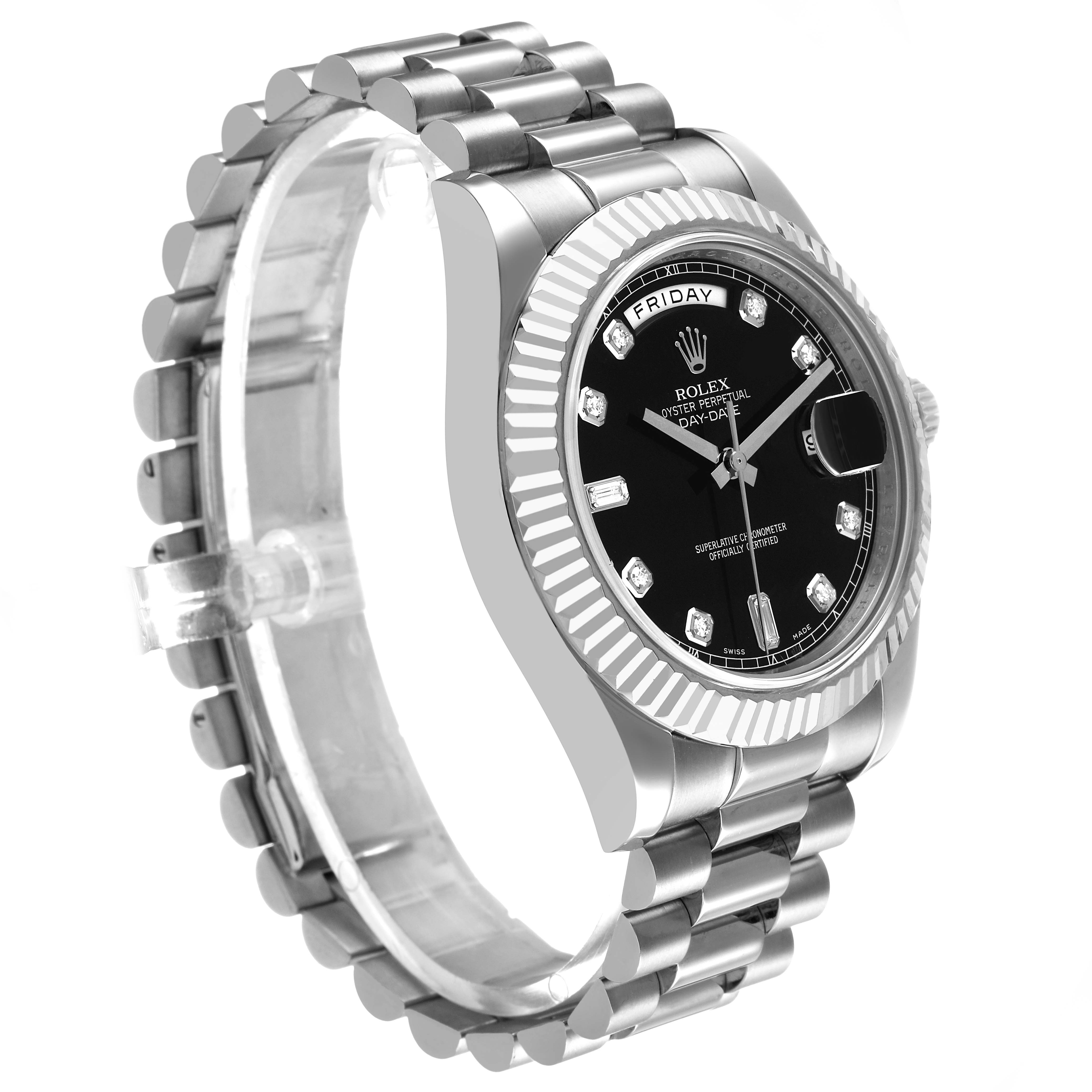 The Rolex President 218239 Men's White Gold Black Dial watch is shown from a side angle, highlighting the bracelet, case, and black dial with a fluted bezel.