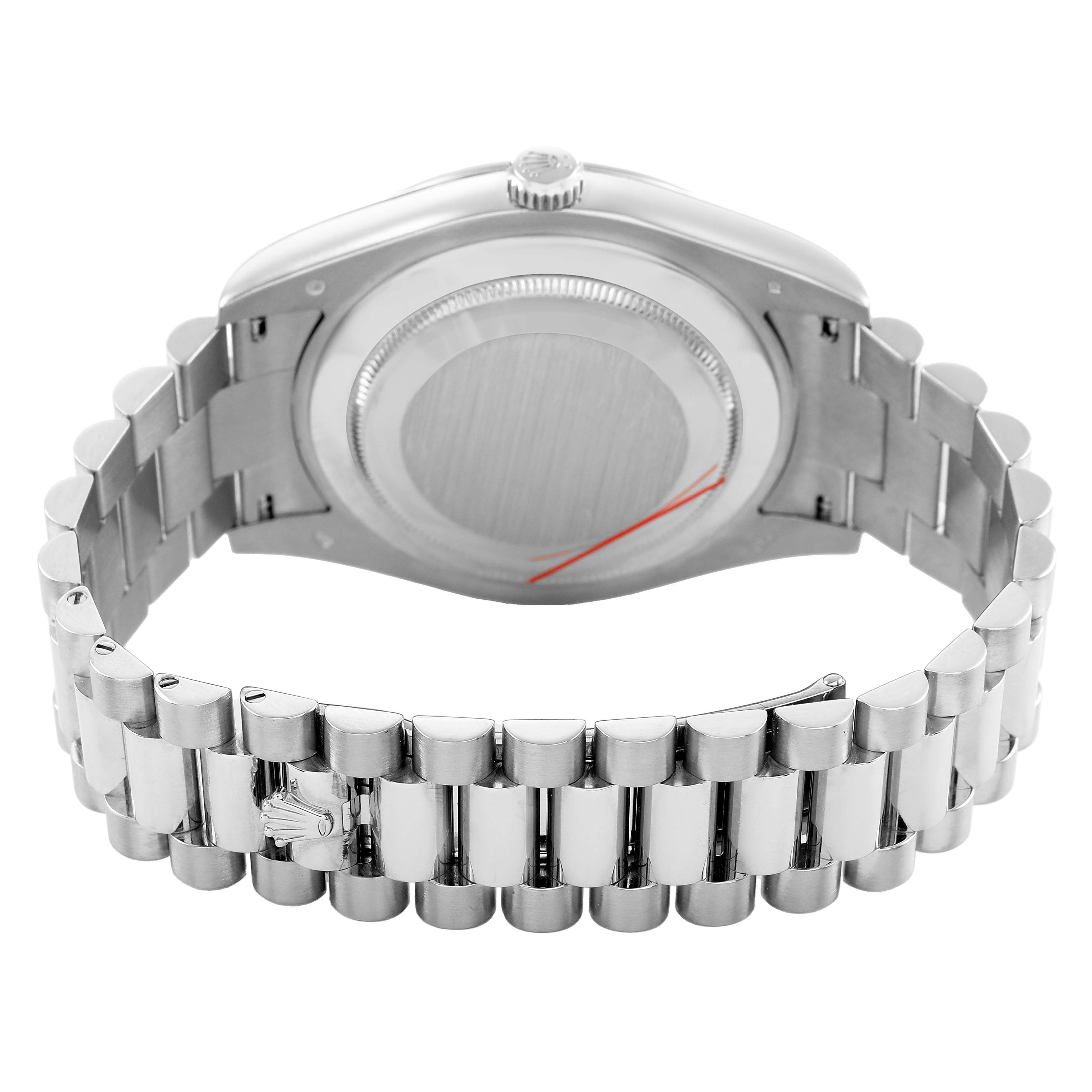 The image shows the rear view of a Rolex President 218239 Men's White Gold Black Dial watch, highlighting the case back and bracelet.