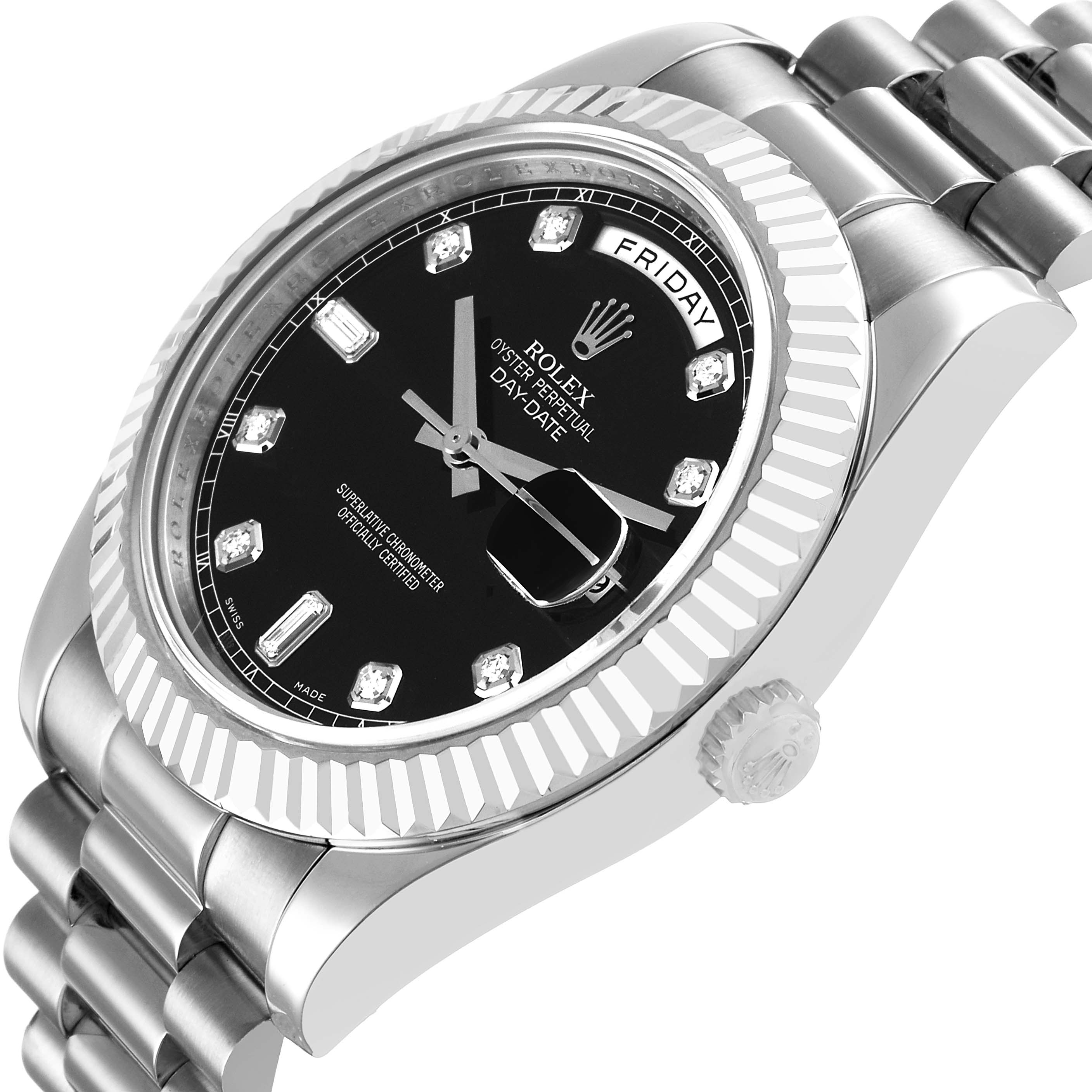 The Rolex President 218239 Men's White Gold Black Dial model watch is shown at an oblique angle, highlighting the face, fluted bezel, and part of the bracelet.
