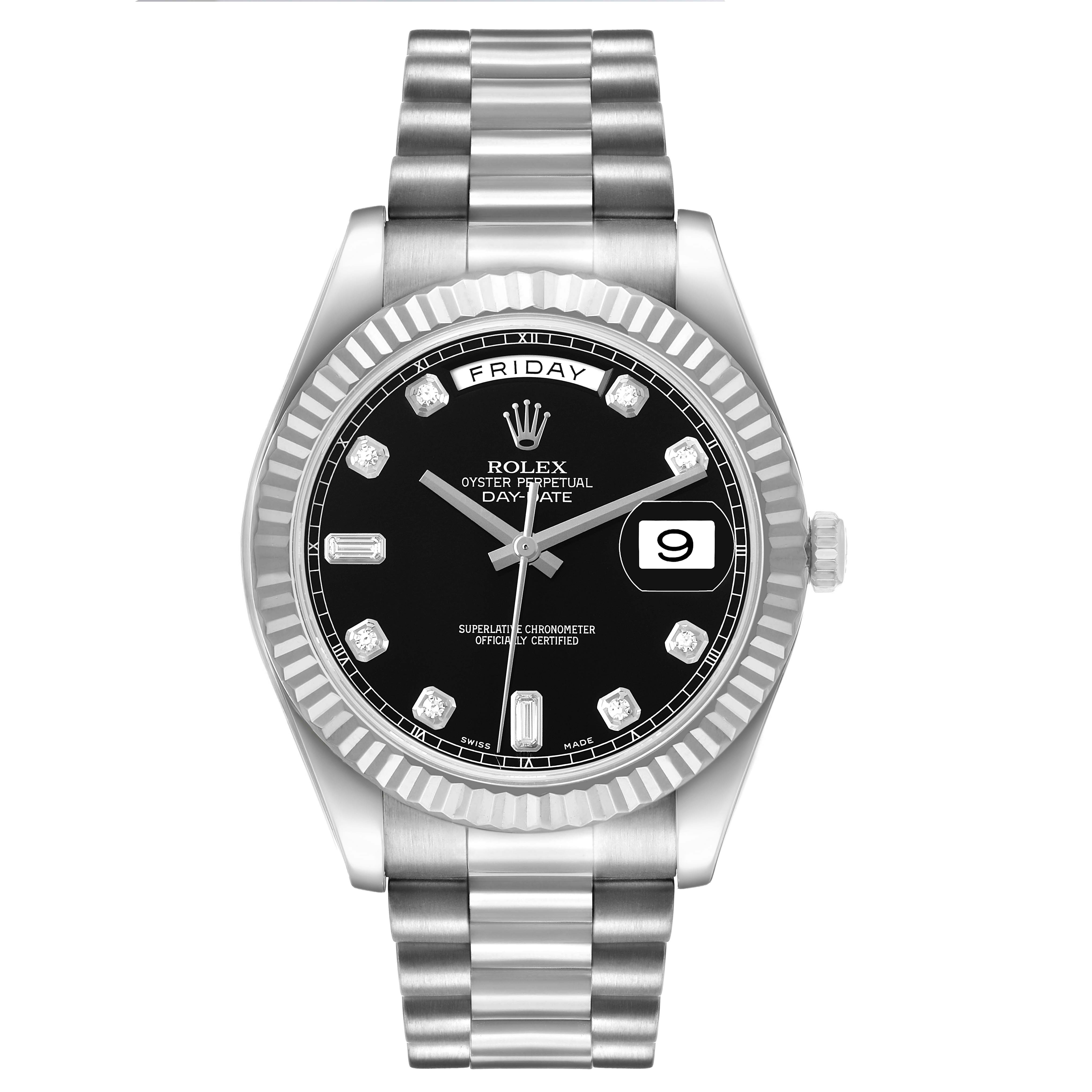 The Rolex President 218239 Men's White Gold Black Dial model is shown from a front angle, highlighting the dial, bezel, and bracelet.