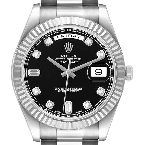 The Rolex President 218239 Men's White Gold Black Dial model watch is shown from the front, highlighting the dial, bezel, and part of the bracelet.