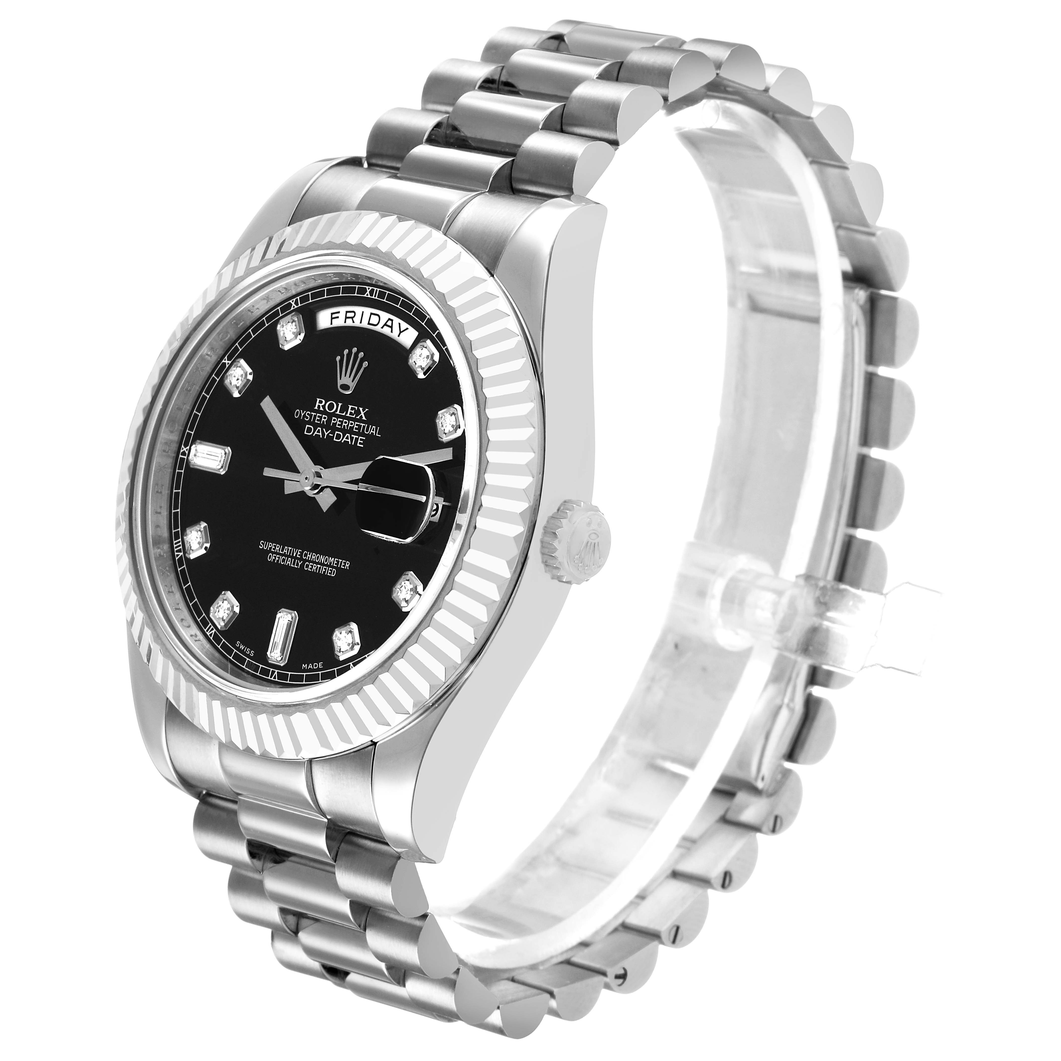 The image shows a Rolex President 218239 Men's White Gold Black Dial model watch at a three-quarter angle, highlighting the dial, bezel, bracelet, and crown.