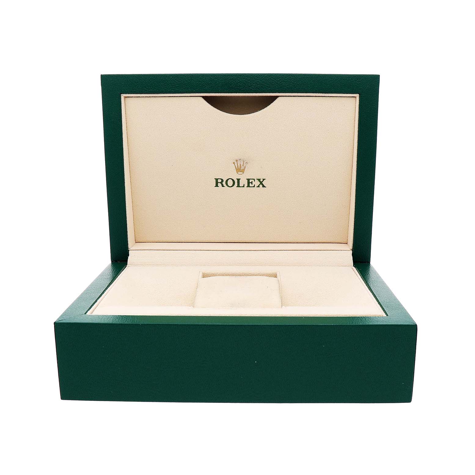 The image shows an open green and beige Rolex watch box, without the President model watch inside.