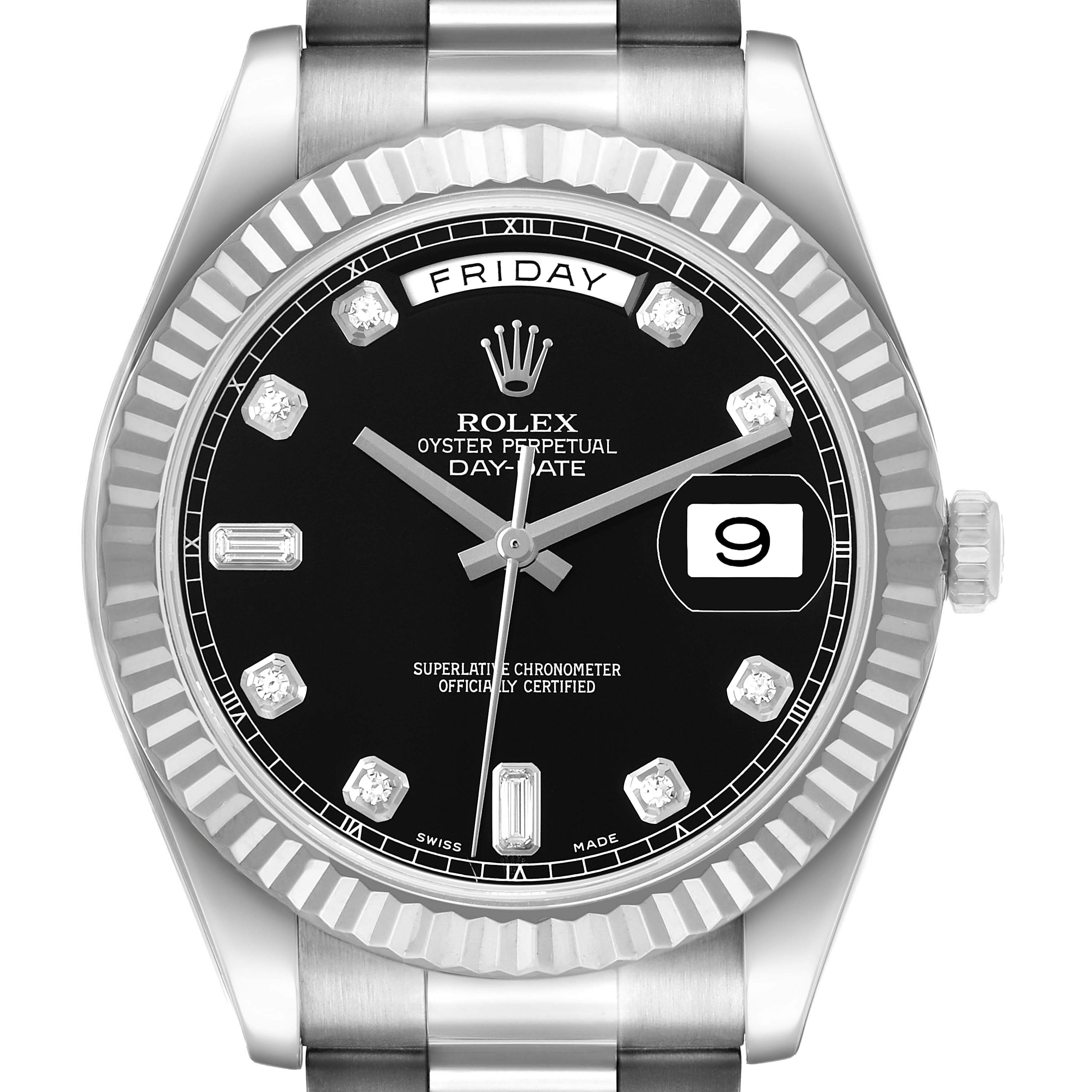 The image shows a front view of a Rolex President 218239 Men's White Gold Black Dial model watch, featuring the face, hands, day-date display, and bezel.