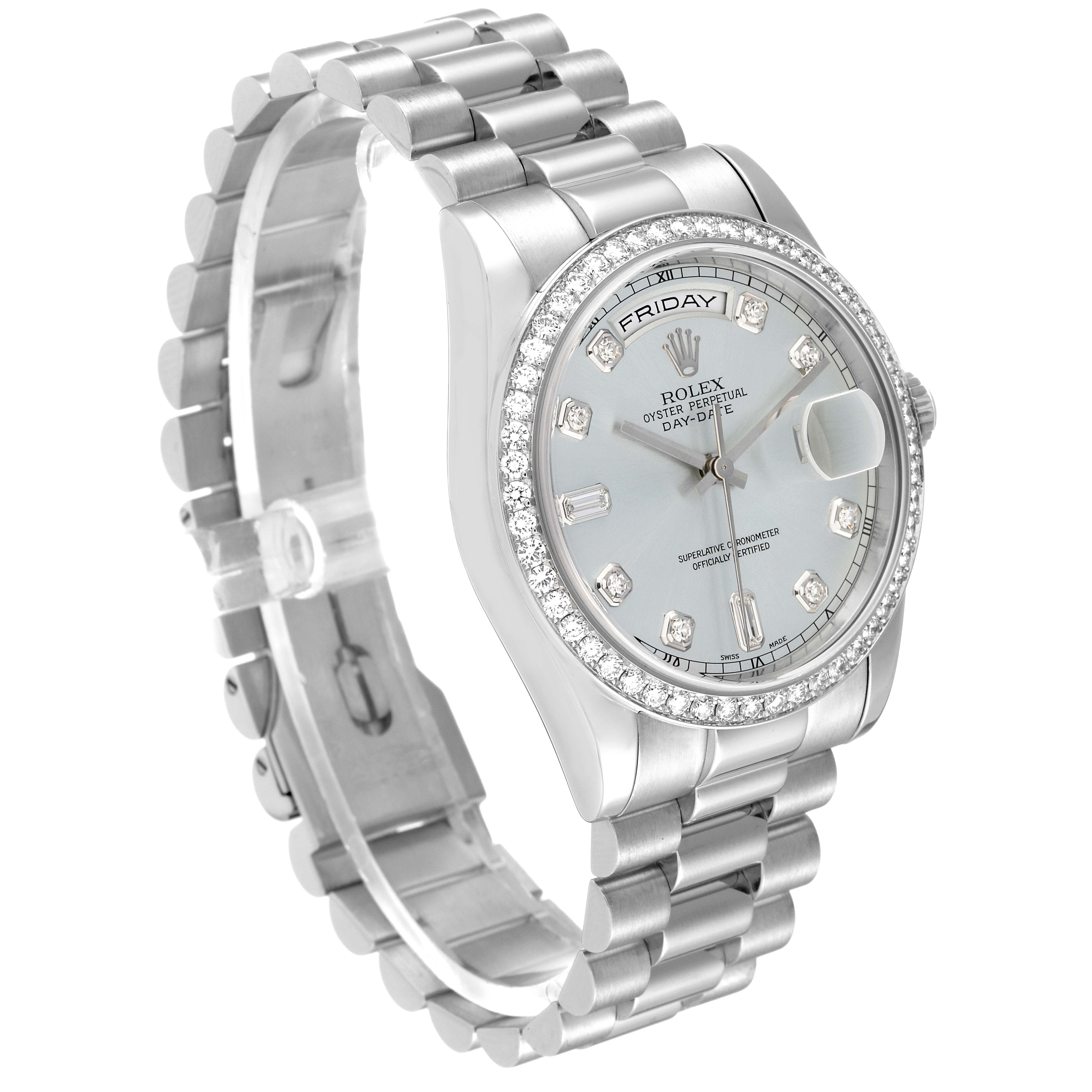 This image shows a side and front angle of a Rolex President 118346 Men's Platinum Blue Dial 118346 Men's Platinum Blue Dial model, highlighting its bracelet, case, and dial.