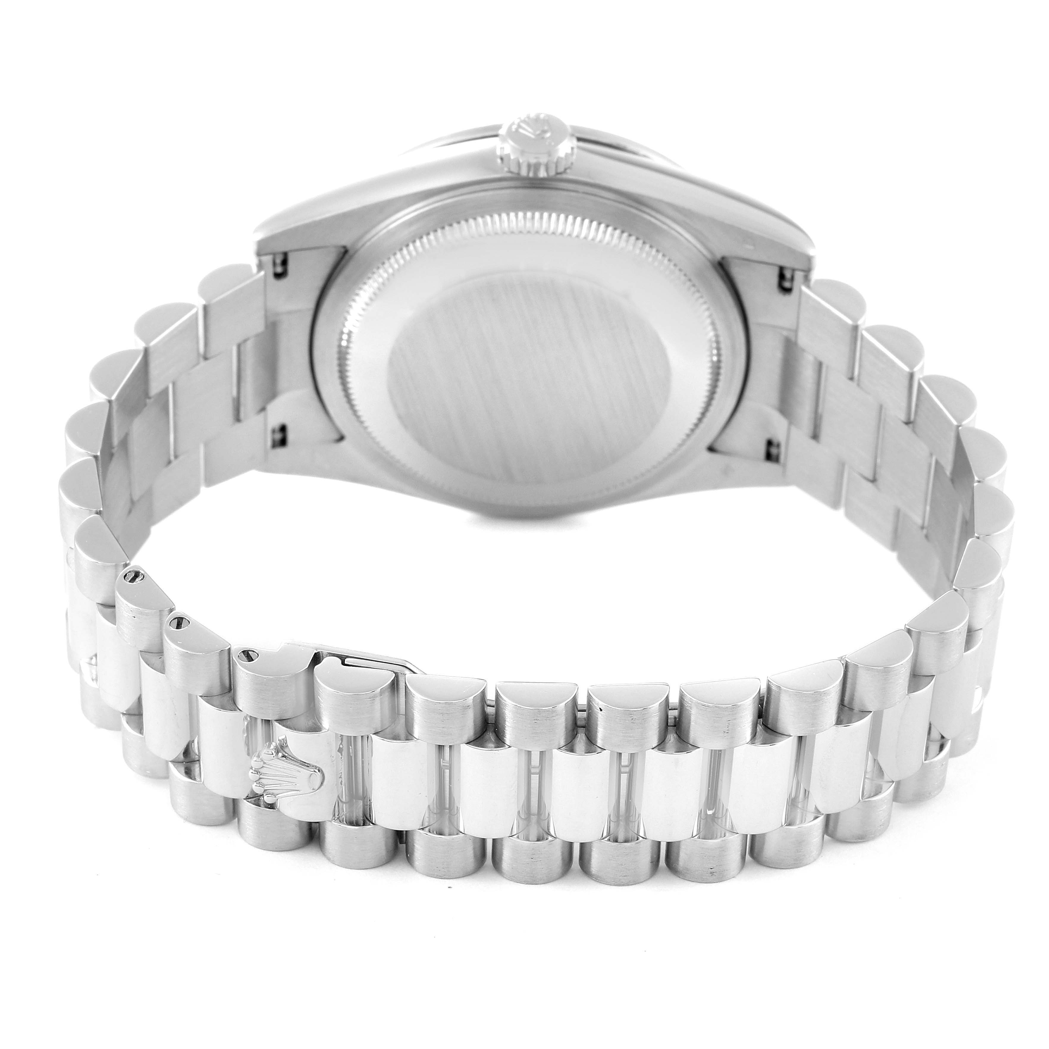 The image shows the back and bracelet of a Rolex President 118346 Men's Platinum Blue Dial 118346 Men's Platinum Blue Dial model watch from a rear angle.