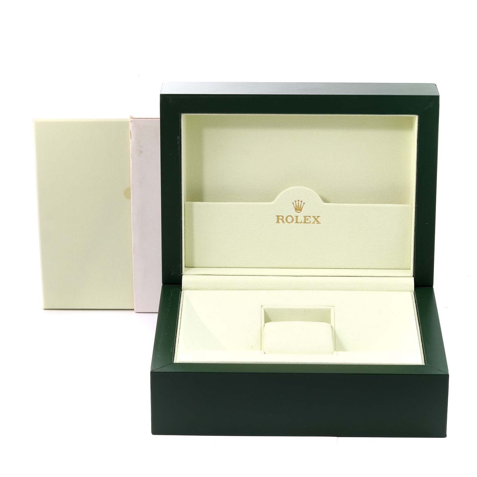 An open Rolex President 118346 Men's Platinum Blue Dial 118346 Men's Platinum Blue Dial watch box is shown at a straight-on angle, revealing its interior compartments.