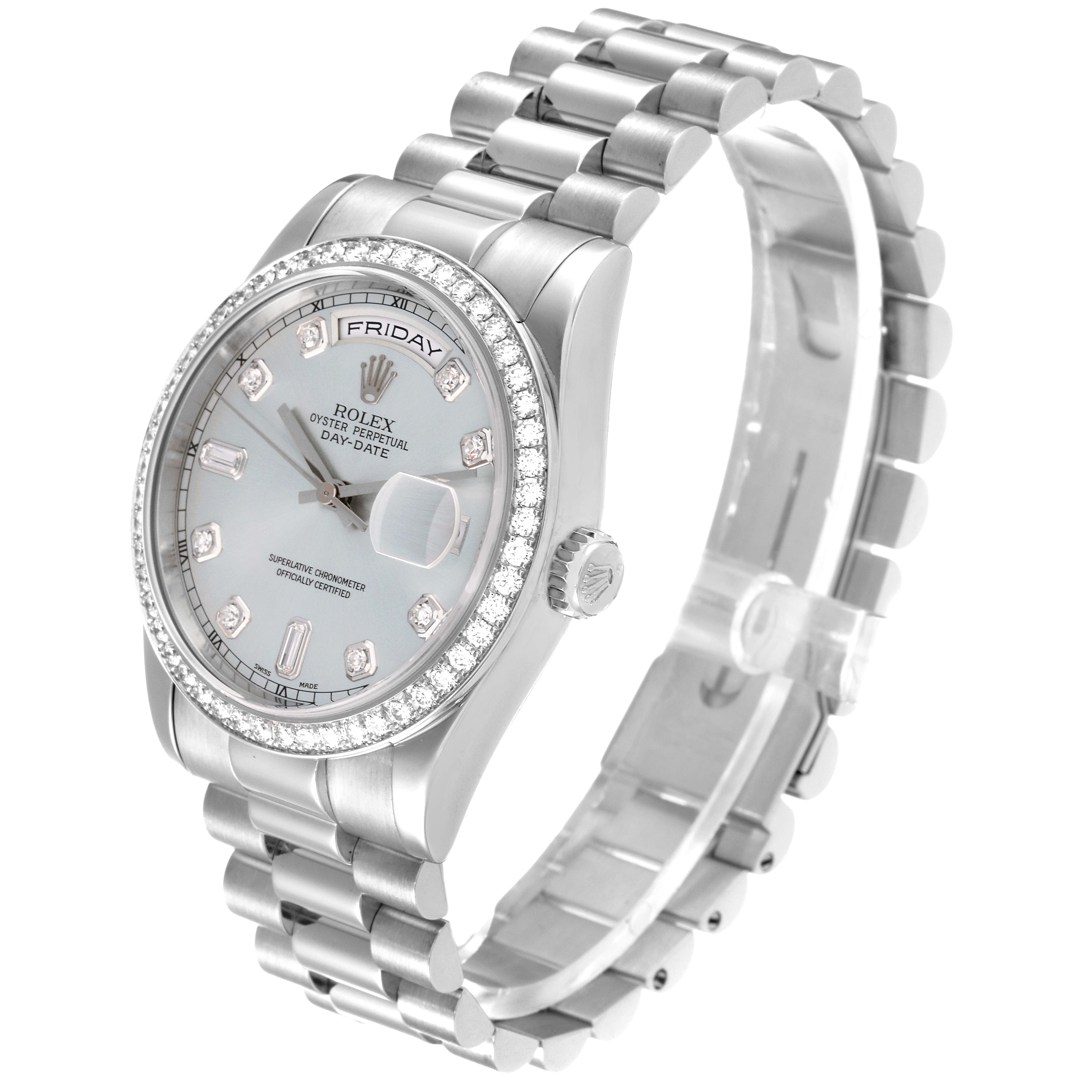 The Rolex President 118346 Men's Platinum Blue Dial 118346 Men's Platinum Blue Dial model watch is shown at an angle displaying the face, bezel, crown, and bracelet.