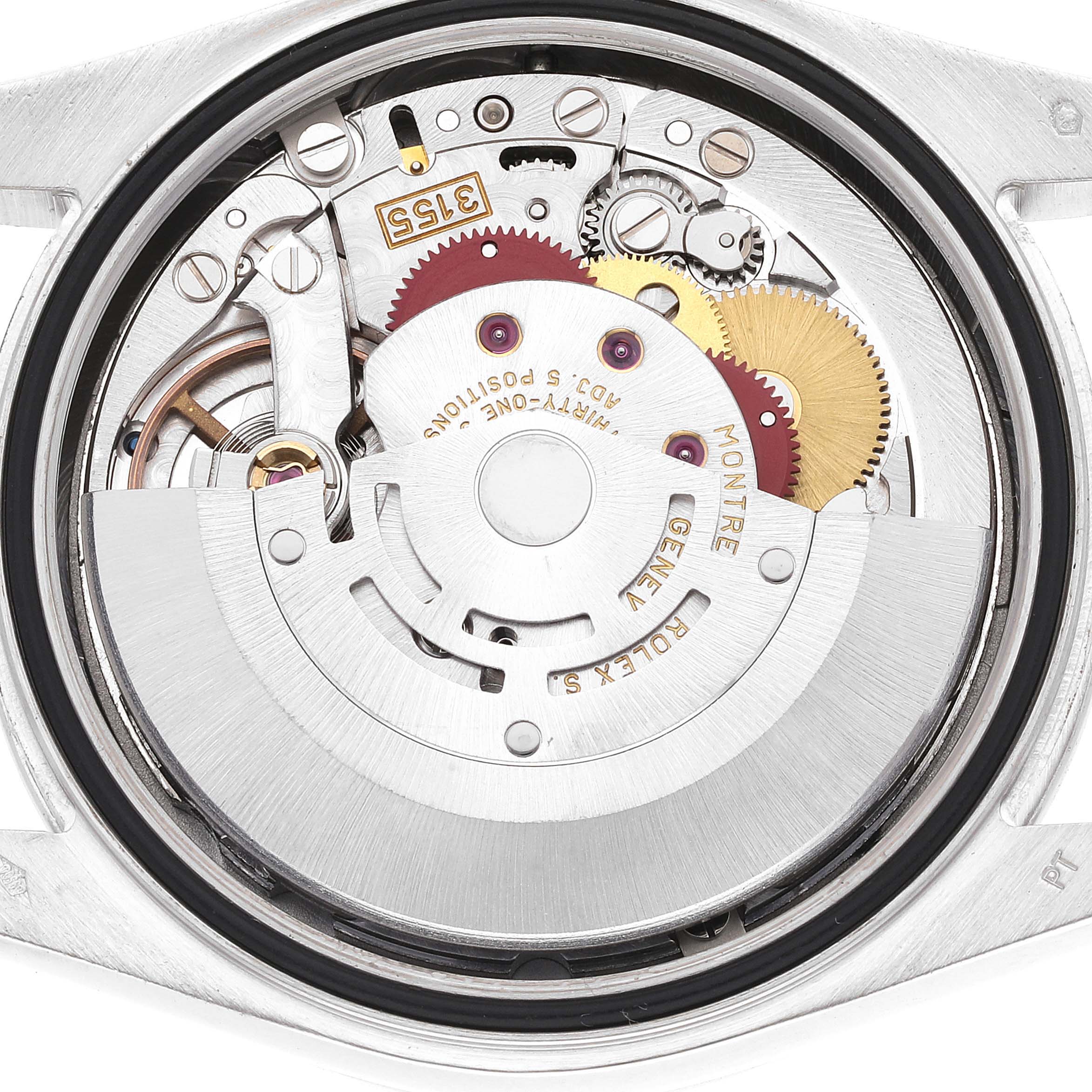 This image displays the inner mechanism of a Rolex President 118346 Men's Platinum Blue Dial 118346 Men's Platinum Blue Dial model watch from a top-down angle.