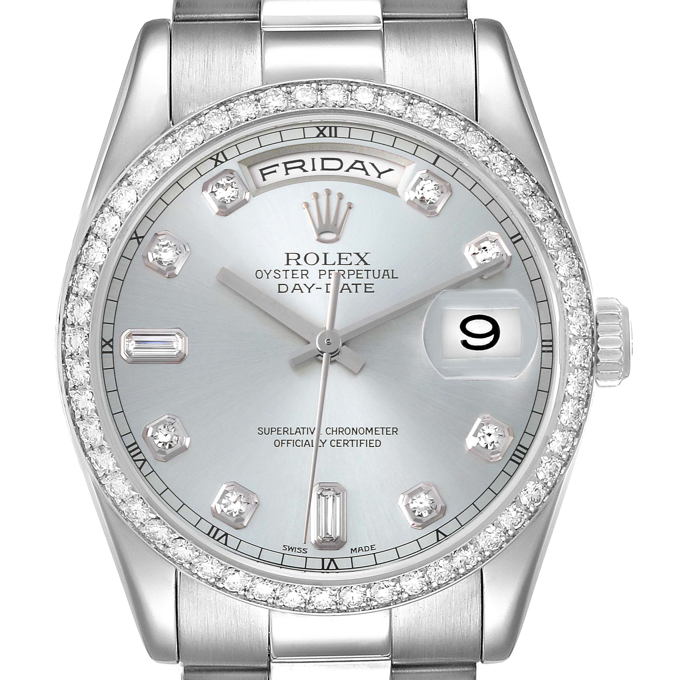 The image shows a front, close-up view of the dial, bezels, crown, and part of the bracelet of the Rolex President 118346 Men's Platinum Blue Dial 118346 Men's Platinum Blue Dial Day-Date watch.