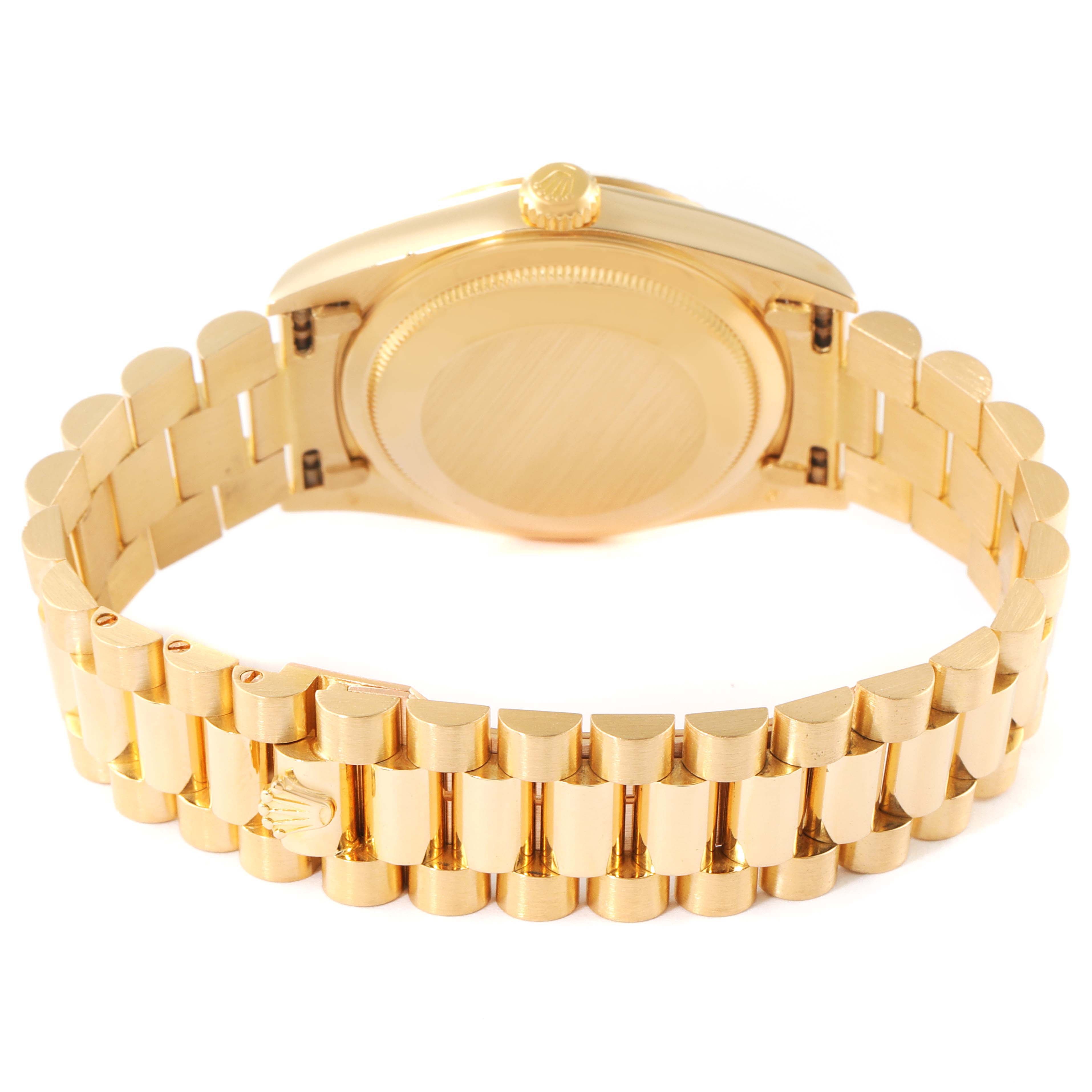 The image shows the back view of the Rolex President 18238 Men's Yellow Gold Champagne Dial 18238 Men's Yellow Gold Champagne Dial watch, highlighting its gold bracelet and case back.