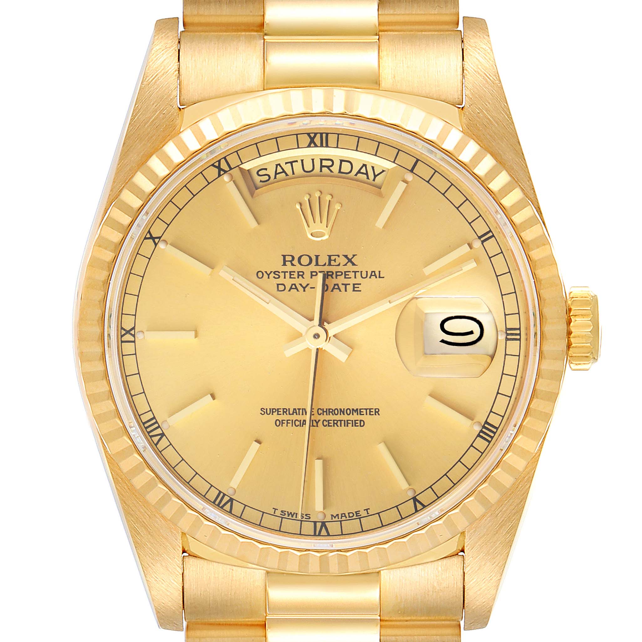 A frontal view of the Rolex President 18238 Men's Yellow Gold Champagne Dial 18238 Men's Yellow Gold Champagne Dial model shows its gold-tone dial, day and date windows, and fluted bezel.