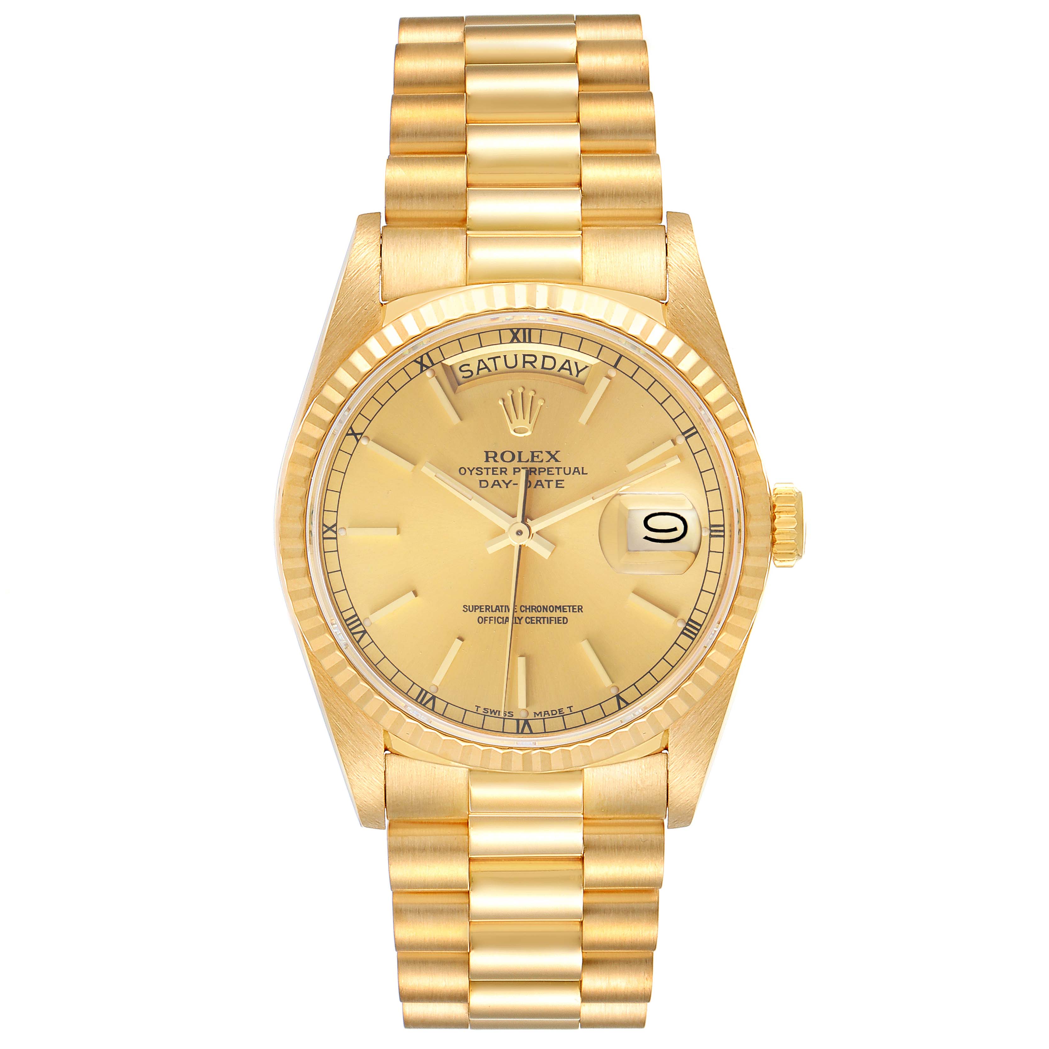 The Rolex President 18238 Men's Yellow Gold Champagne Dial 18238 Men's Yellow Gold Champagne Dial model is shown from the front, displaying its gold bezel, dial, day/date indicators, and bracelet.