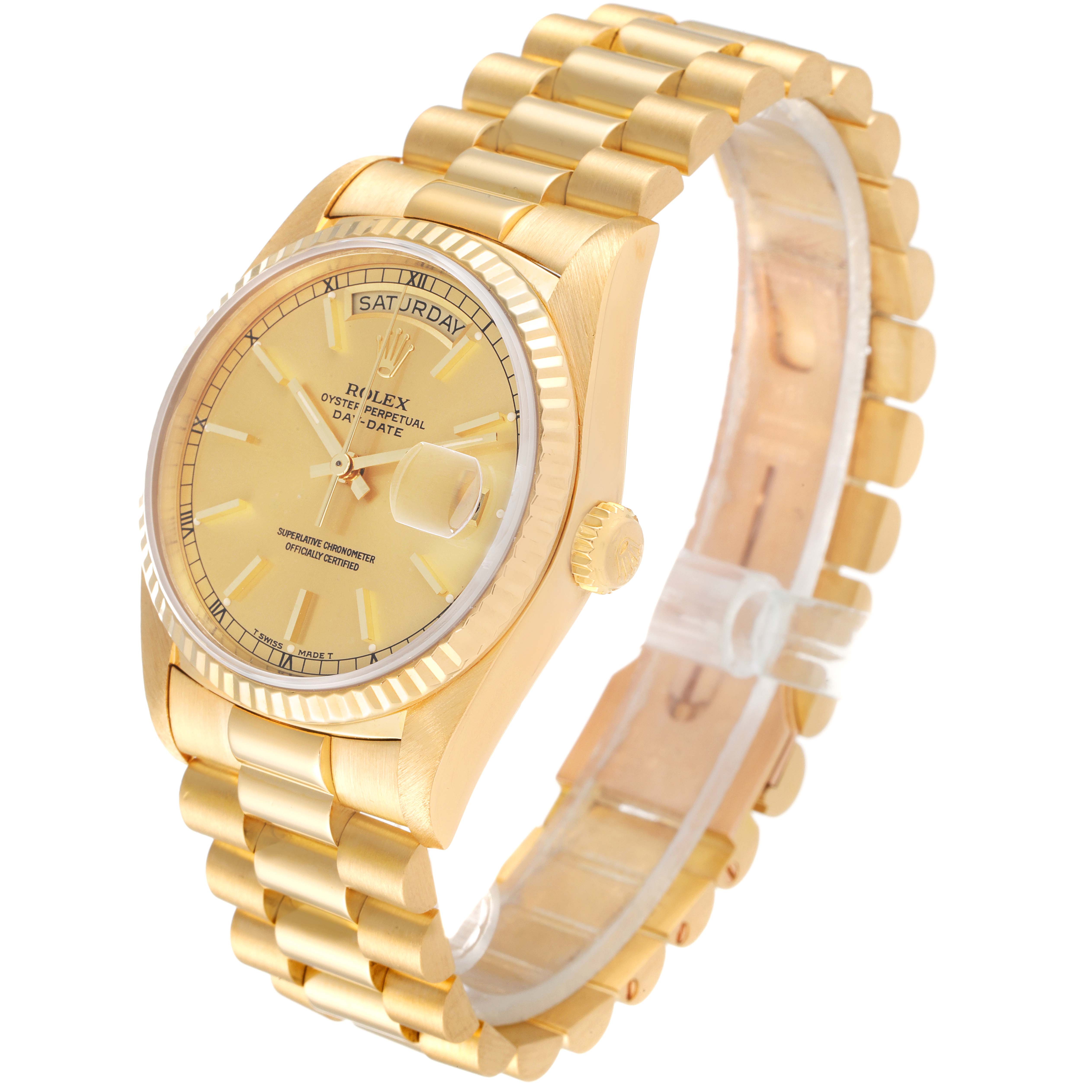 The image shows a gold Rolex President 18238 Men's Yellow Gold Champagne Dial 18238 Men's Yellow Gold Champagne Dial model watch, captured at a three-quarter angle, highlighting the face, band, and crown.