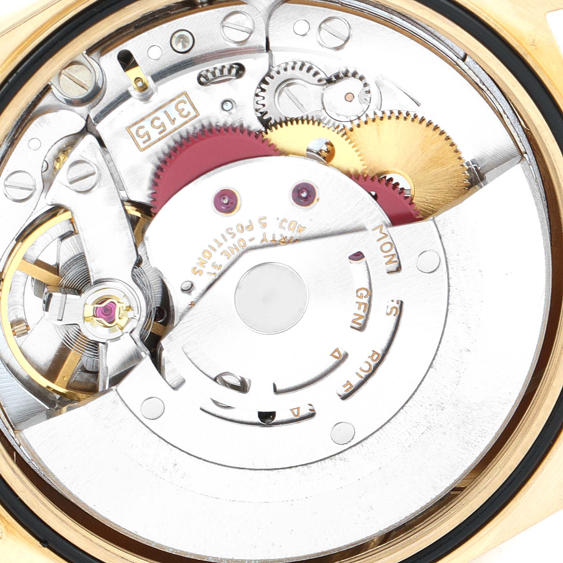 The image shows the intricate internal mechanics of the Rolex President 18238 Men's Yellow Gold Champagne Dial 18238 Men's Yellow Gold Champagne Dial model, including the gears and rotor.
