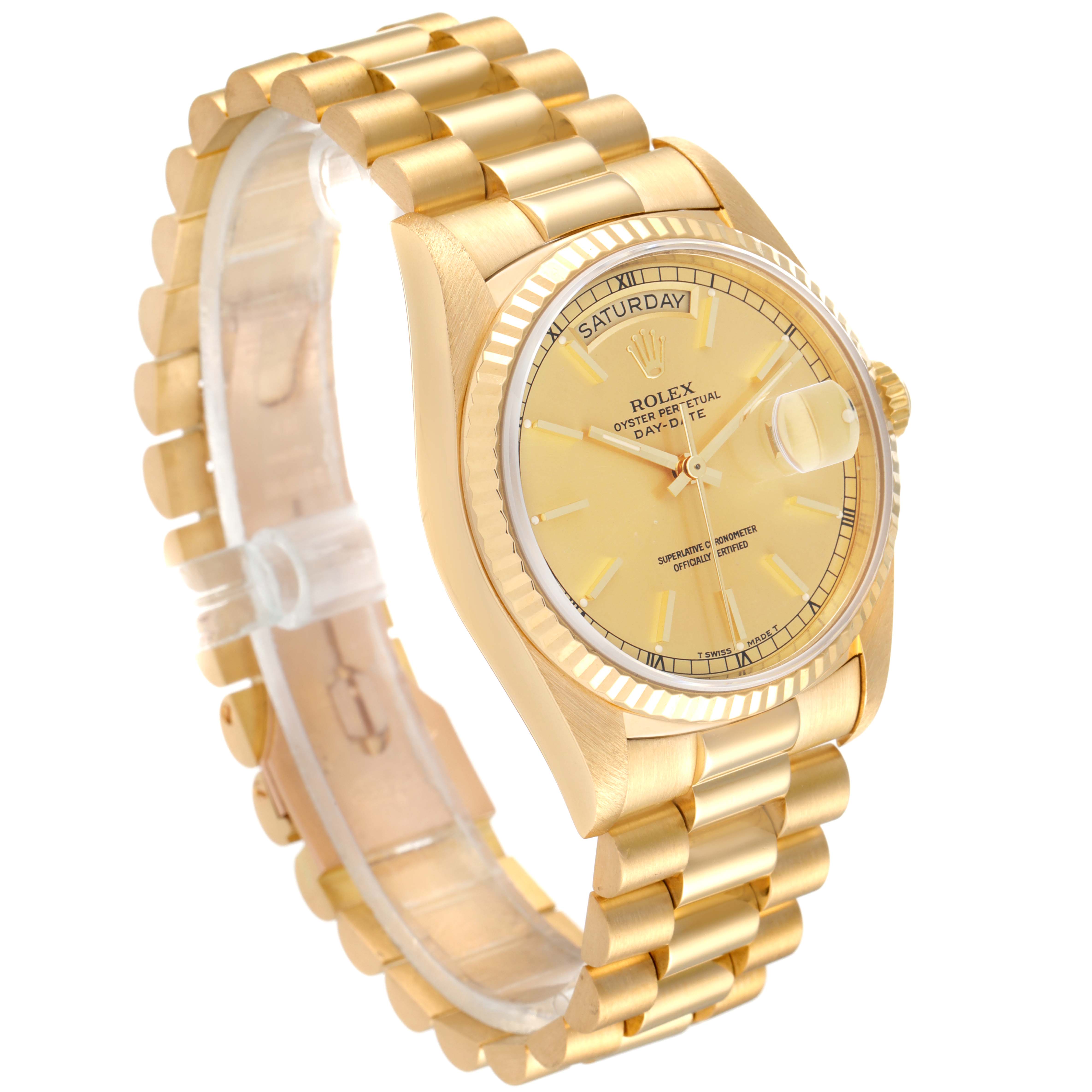 The image shows a Rolex President 18238 Men's Yellow Gold Champagne Dial 18238 Men's Yellow Gold Champagne Dial model watch angled slightly from above, displaying its face and bracelet.