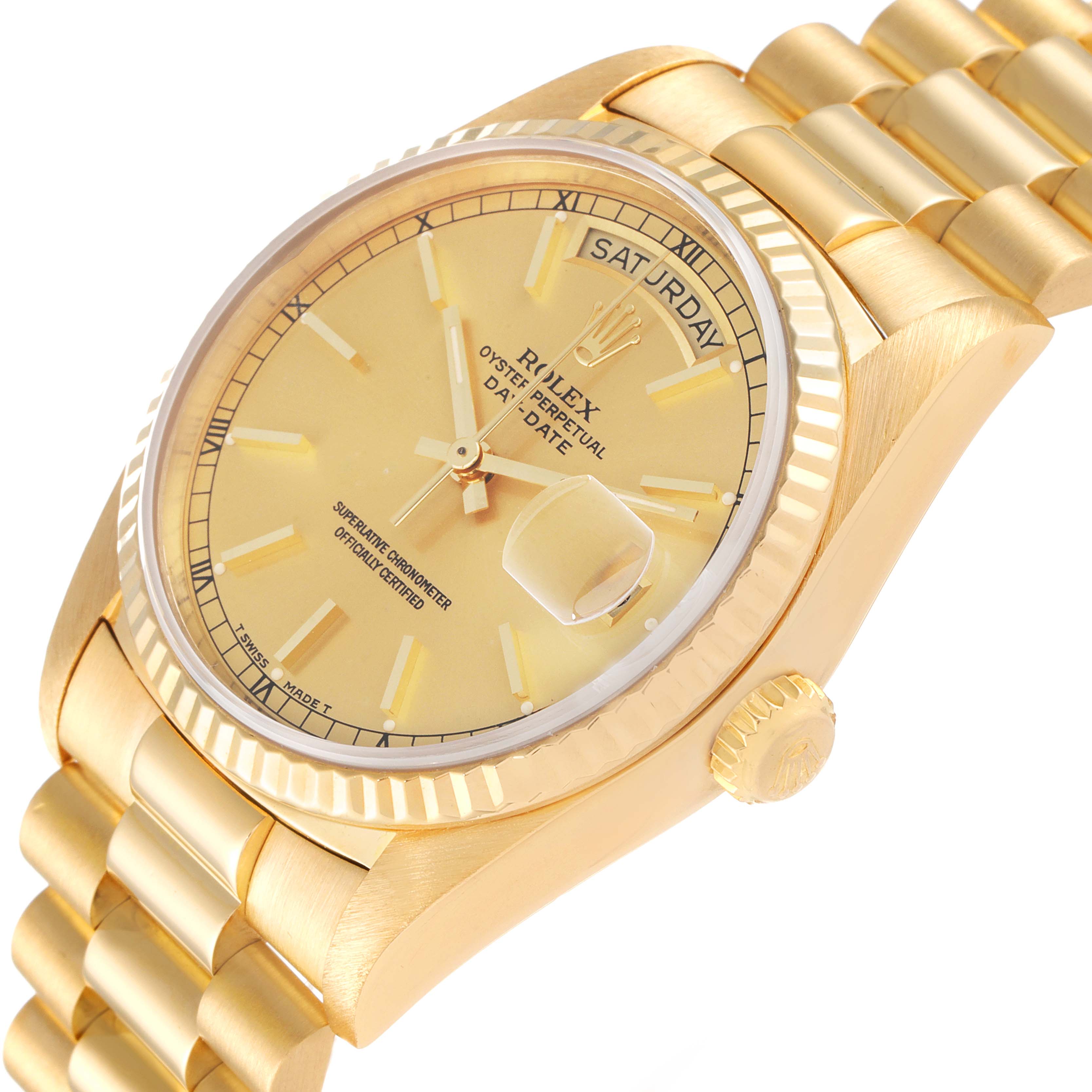 The image shows a close-up view of the Rolex President 18238 Men's Yellow Gold Champagne Dial 18238 Men's Yellow Gold Champagne Dial model watch, highlighting the dial, bezel, crown, and part of the bracelet.