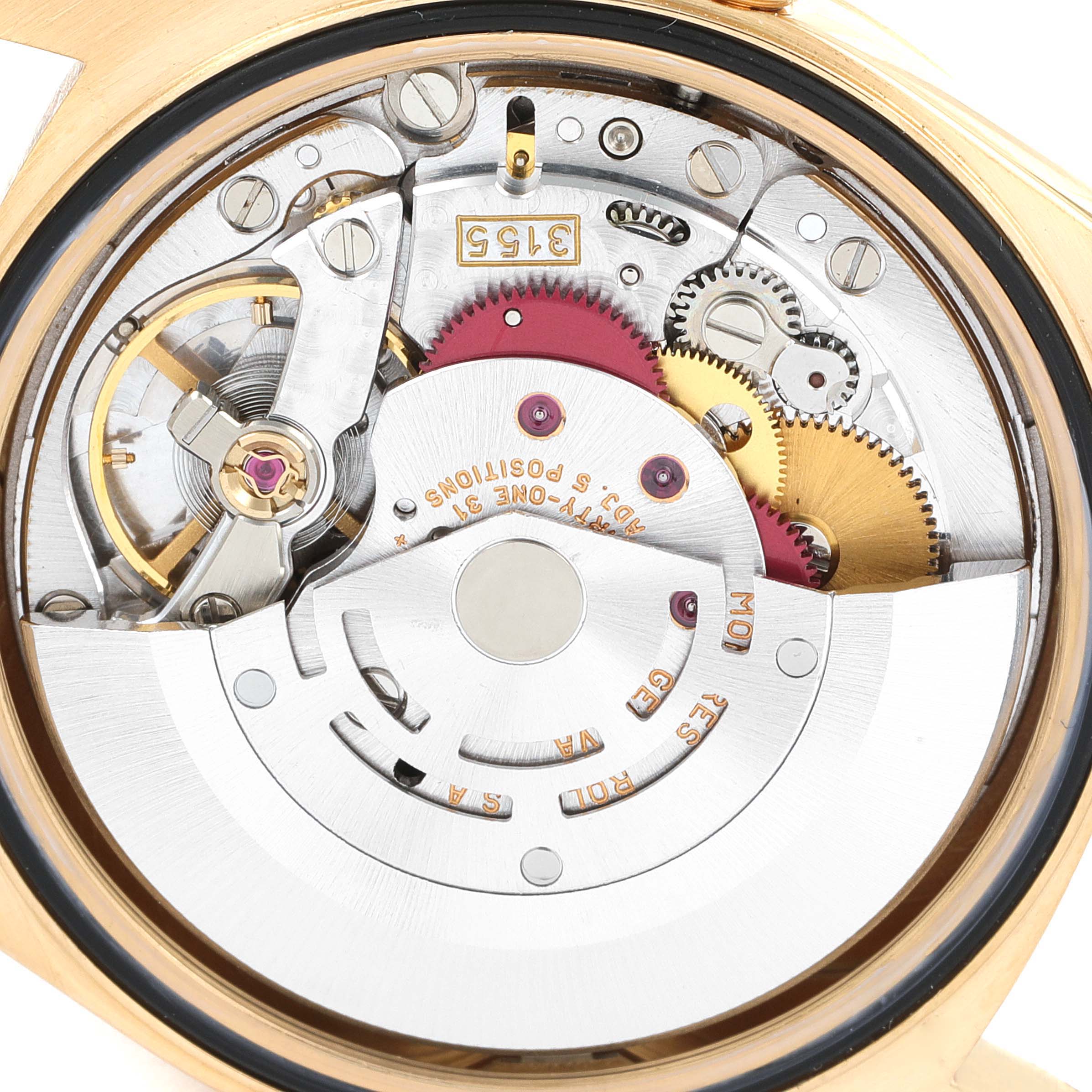 This image shows the inner mechanical movement of a Rolex President 18238 Men's Yellow Gold Champagne Dial 18238 Men's Yellow Gold Champagne Dial model watch, viewed from the back.