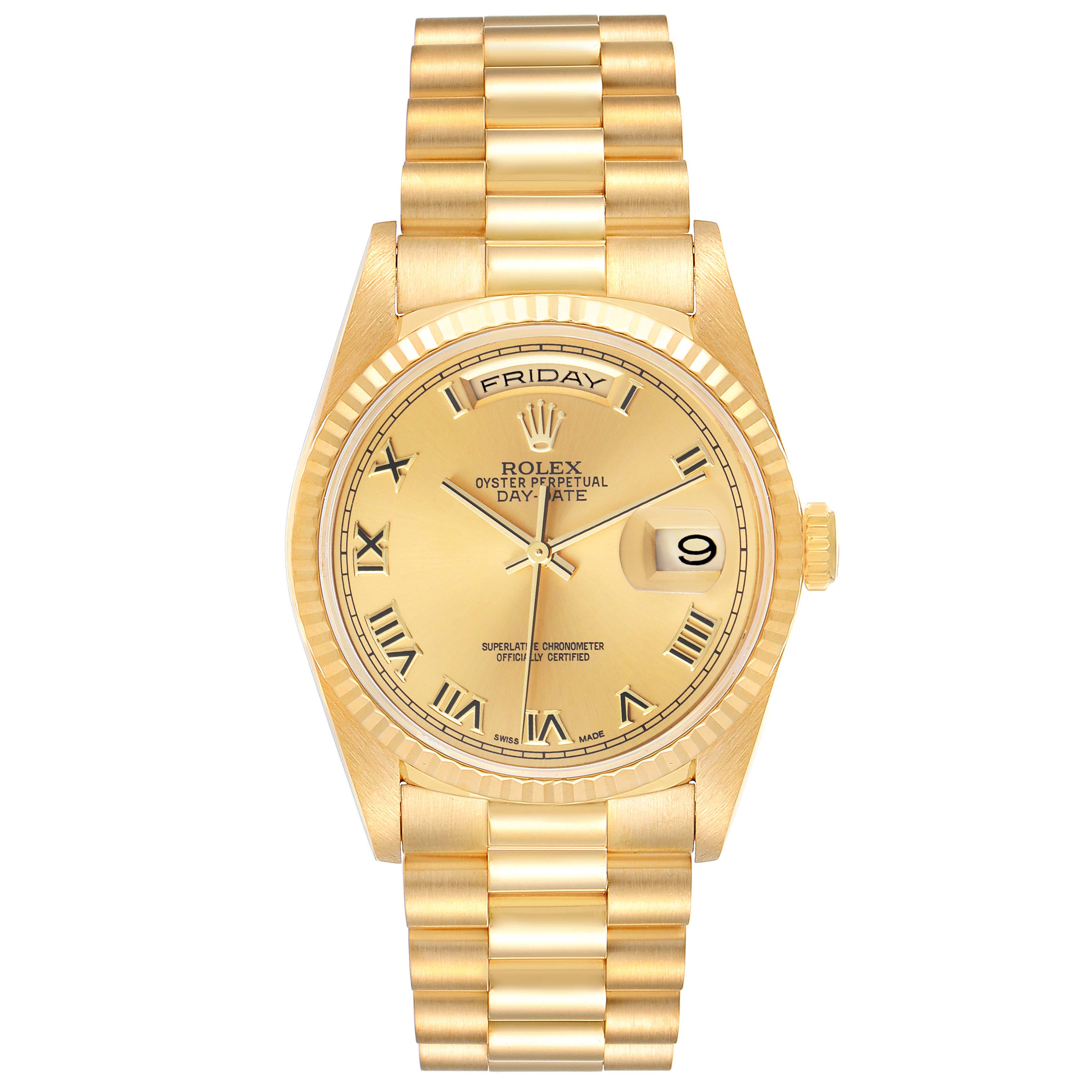 The image shows a Rolex President 18238 Men's Yellow Gold Champagne Dial 18238 Men's Yellow Gold Champagne Dial model watch, displaying the front with a gold case, bracelet, and Roman numeral dial.