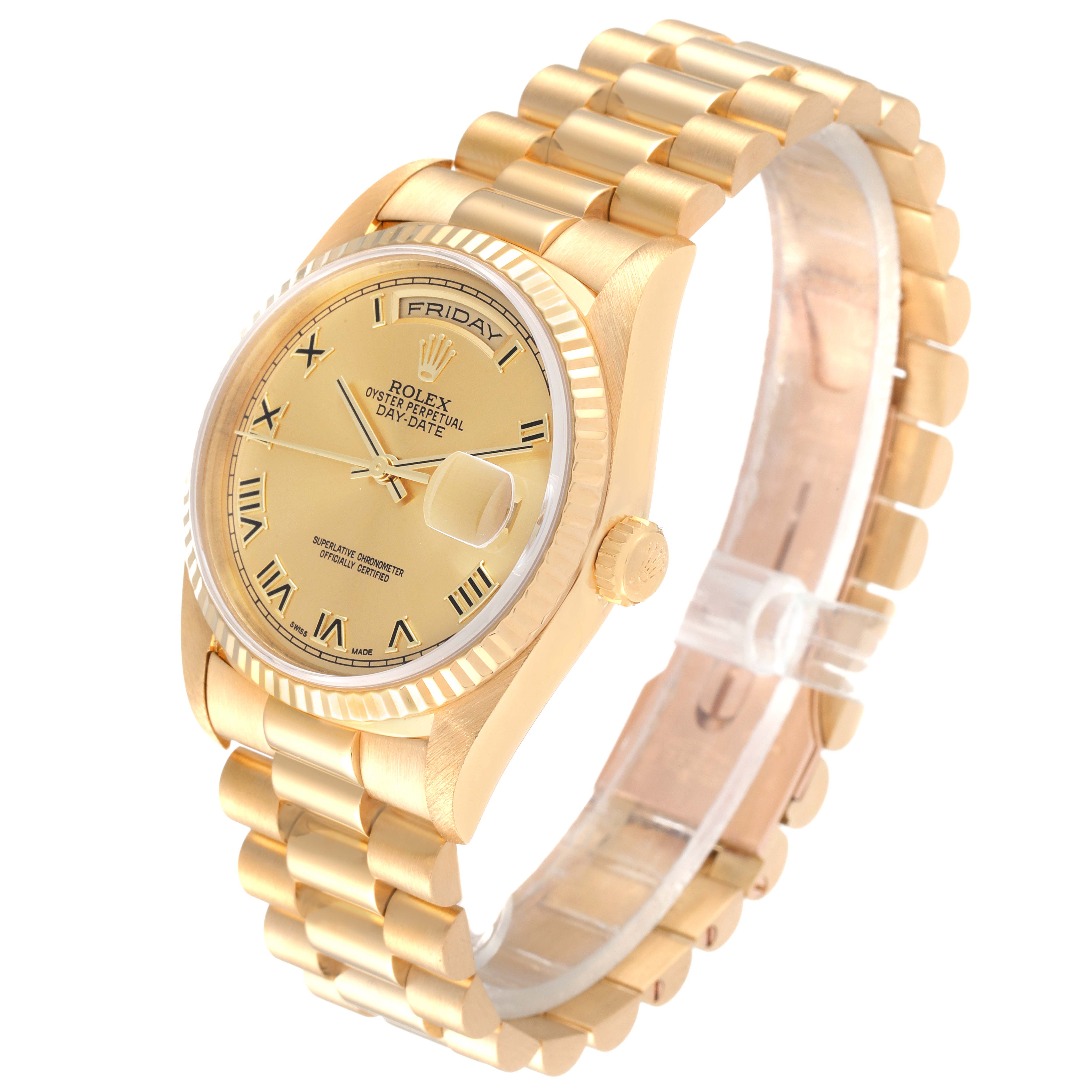 This image shows a side angle view of the Rolex President 18238 Men's Yellow Gold Champagne Dial 18238 Men's Yellow Gold Champagne Dial model watch, highlighting the case, dial, bracelet, and crown.