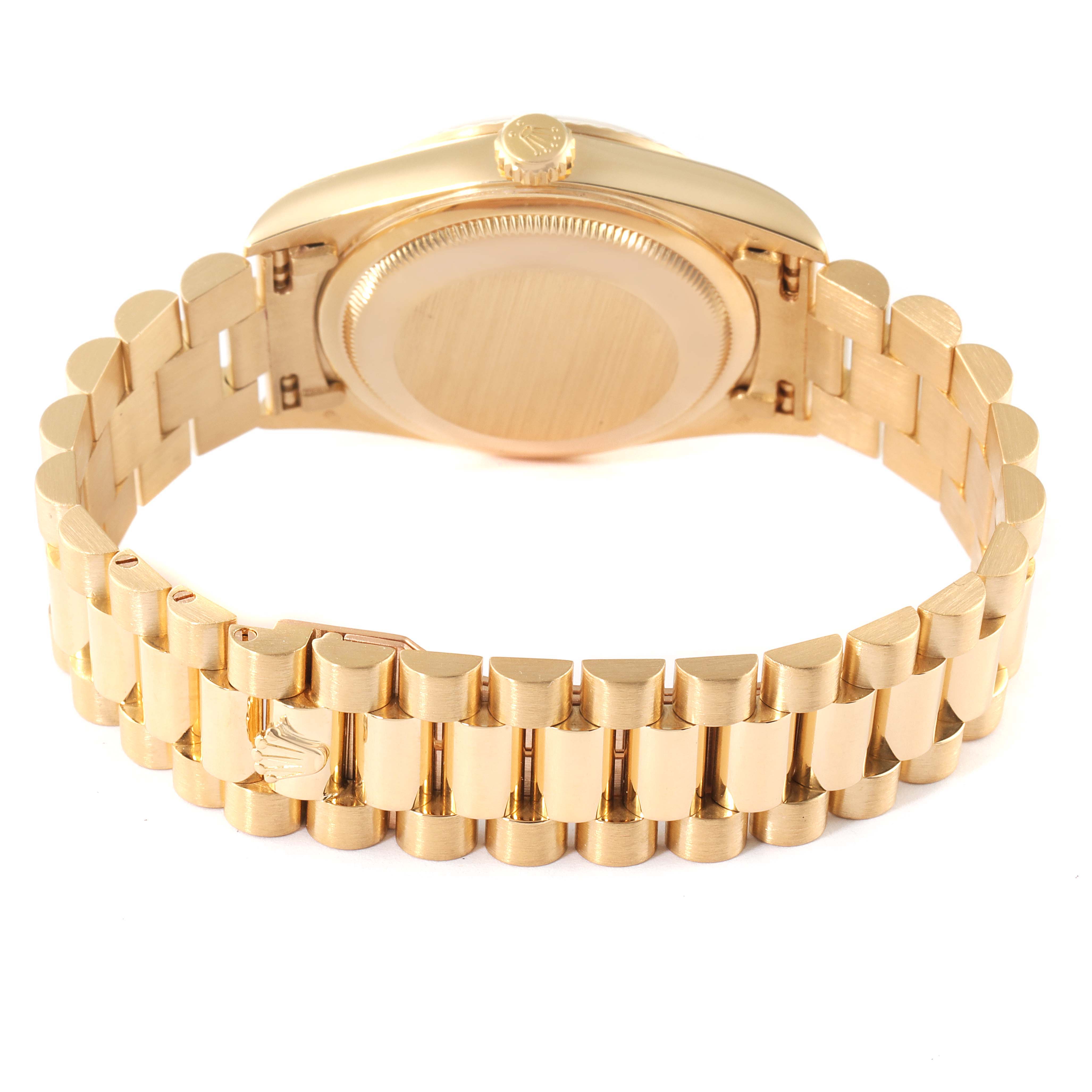This image shows the back view of the Rolex President 18238 Men's Yellow Gold Champagne Dial 18238 Men's Yellow Gold Champagne Dial model watch, including the case back and bracelet.