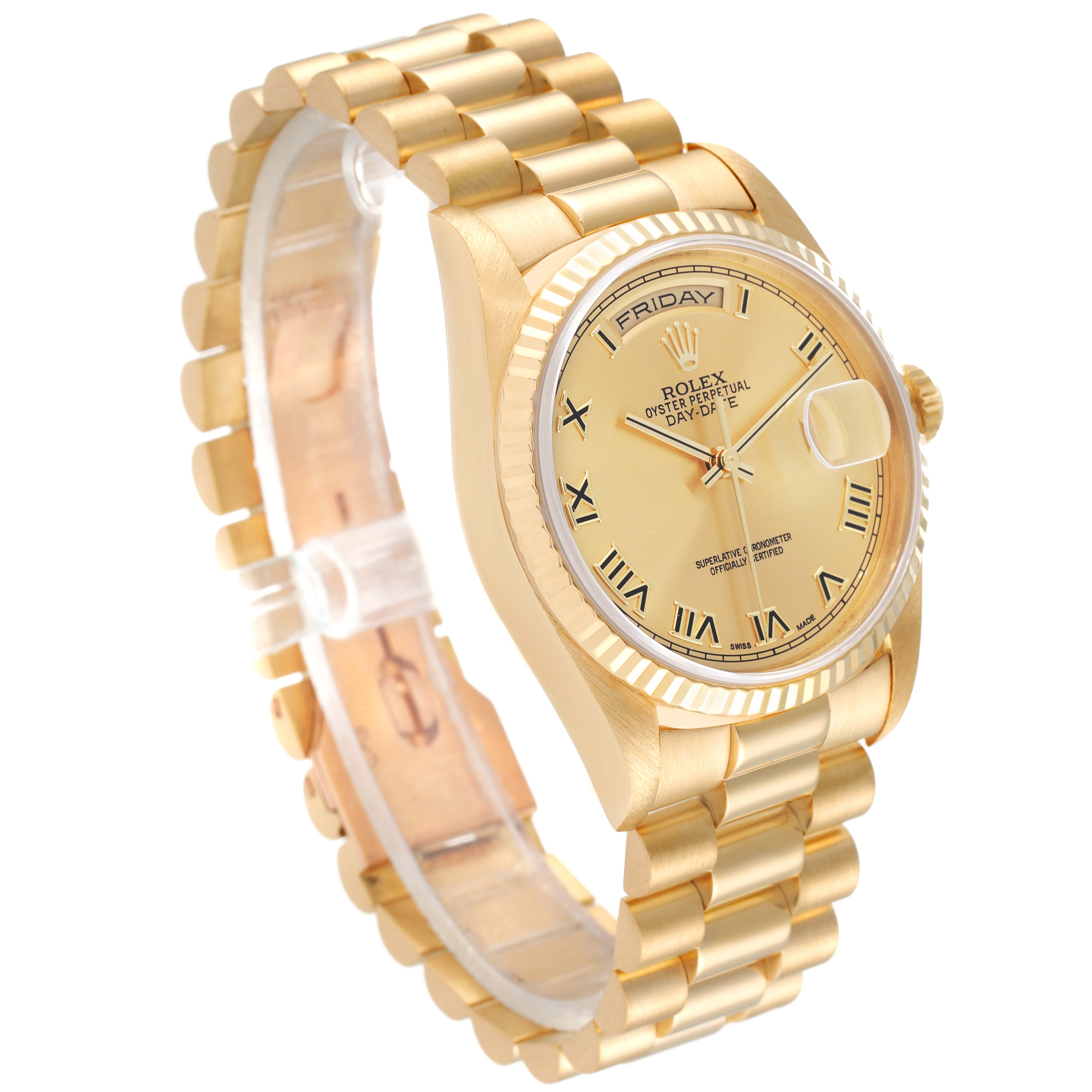 The image shows a gold Rolex President 18238 Men's Yellow Gold Champagne Dial 18238 Men's Yellow Gold Champagne Dial model watch angled to display its dial, bracelet, and side profile.