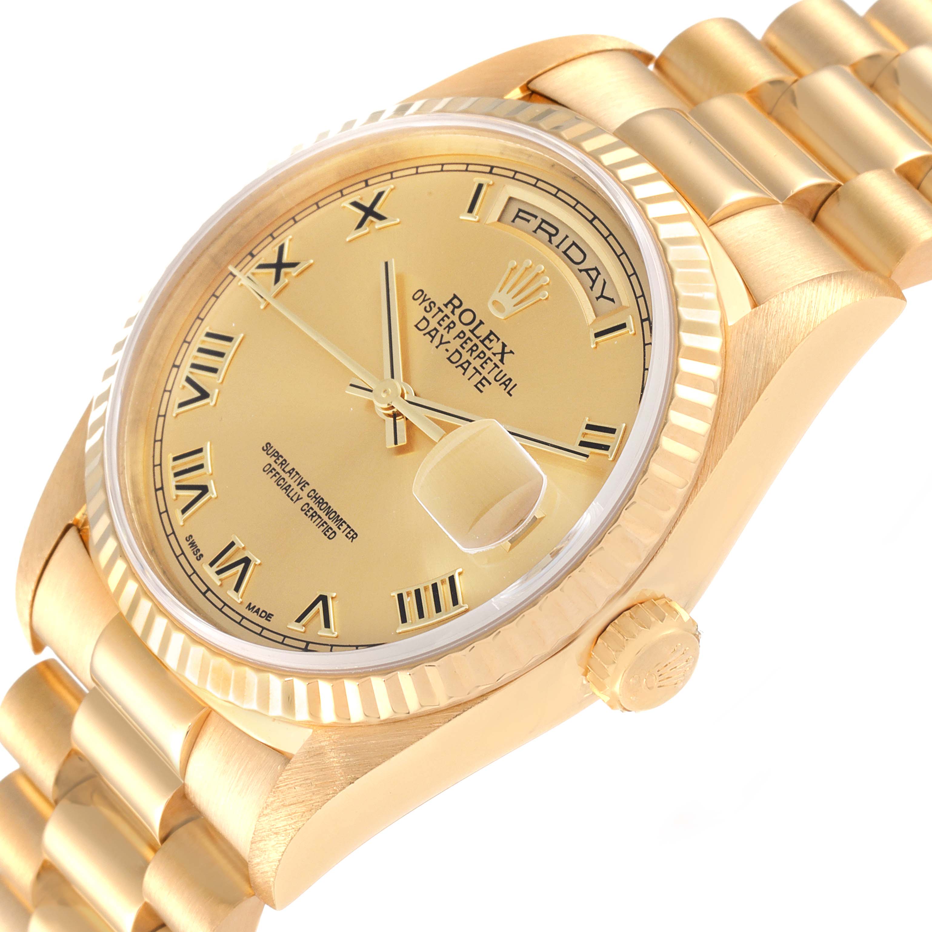 The image shows a close-up, angled view of the Rolex President 18238 Men's Yellow Gold Champagne Dial 18238 Men's Yellow Gold Champagne Dial model's dial, bezel, crown, and part of the bracelet.