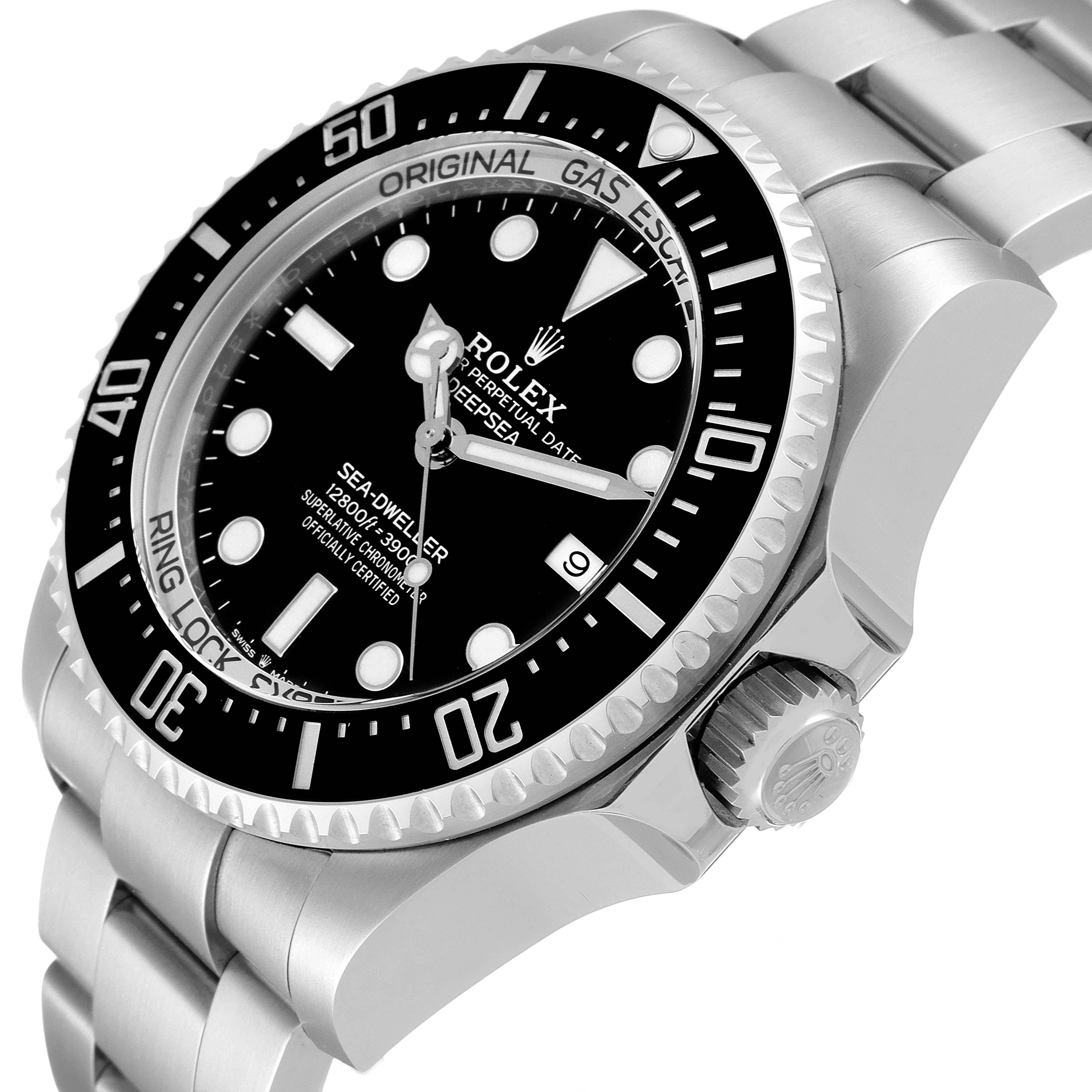 The Rolex Sea-Dweller 126660 Men
s Stainless Steel Black Dial 126660 Men
s Stainless Steel Black Dial watch is shown at an angled close-up, displaying the dial, bezel, crown, and part of the bracelet.