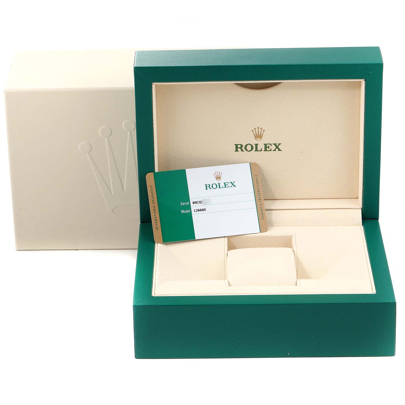 This image shows an open Rolex Sea-Dweller 126660 Men
s Stainless Steel Black Dial 126660 Men
s Stainless Steel Black Dial watch box with a warranty card displayed inside.