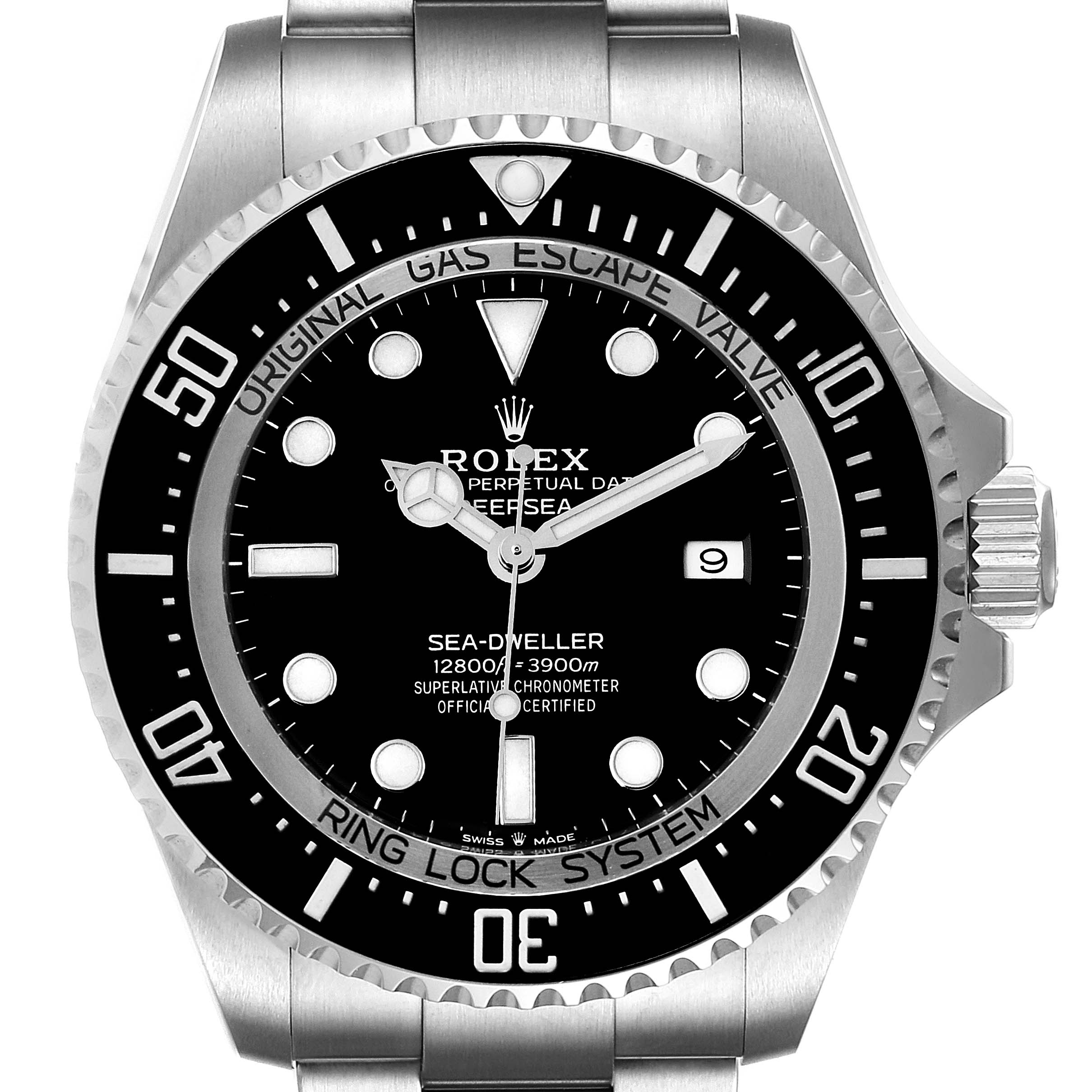 The image shows a front view of the Rolex Sea-Dweller 126660 Men
s Stainless Steel Black Dial 126660 Men
s Stainless Steel Black Dial watch, highlighting the dial, bezel, and part of the bracelet.