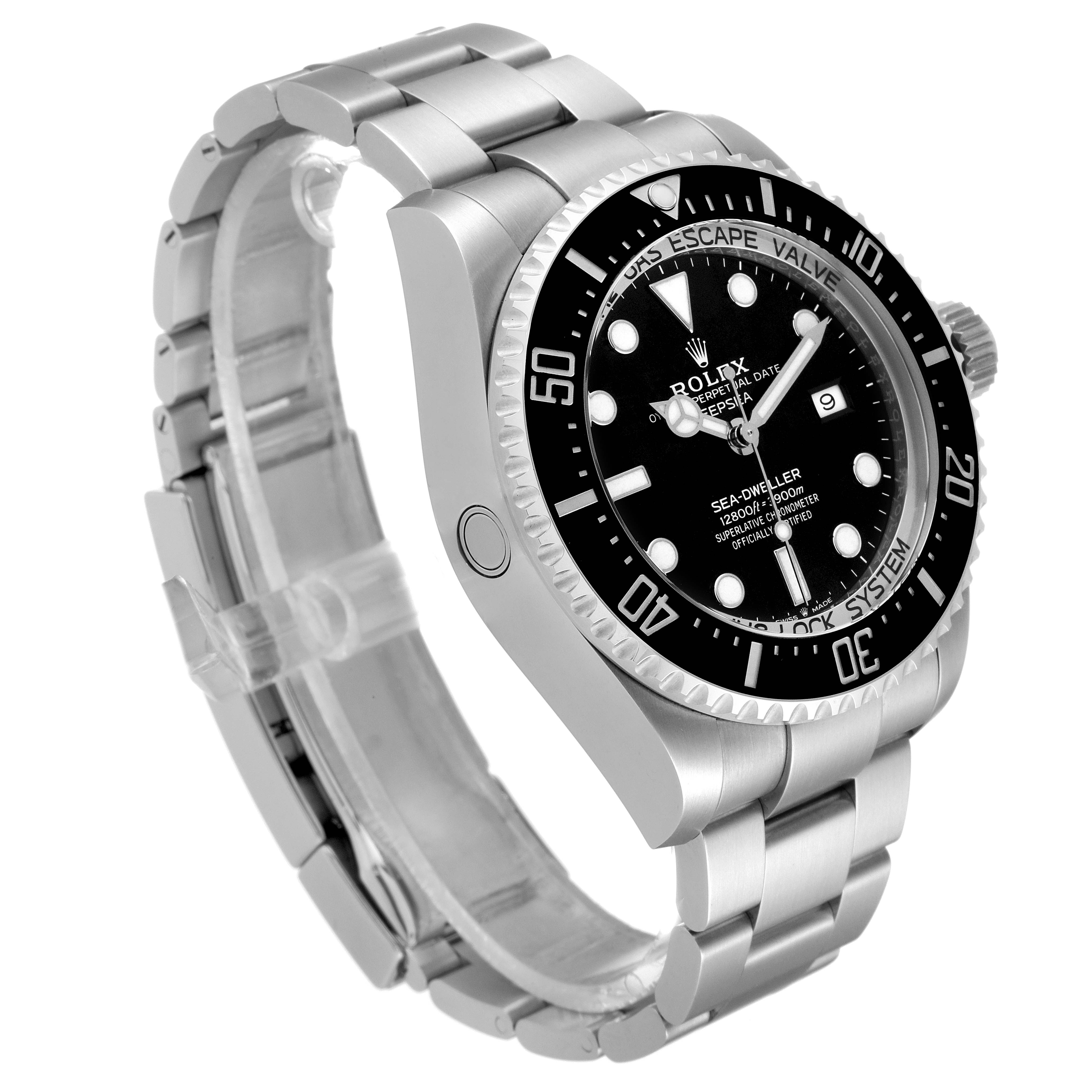 The image shows a Rolex Sea-Dweller 126660 Men
s Stainless Steel Black Dial 126660 Men
s Stainless Steel Black Dial watch at an oblique angle, highlighting the face, bezel, and bracelet.
