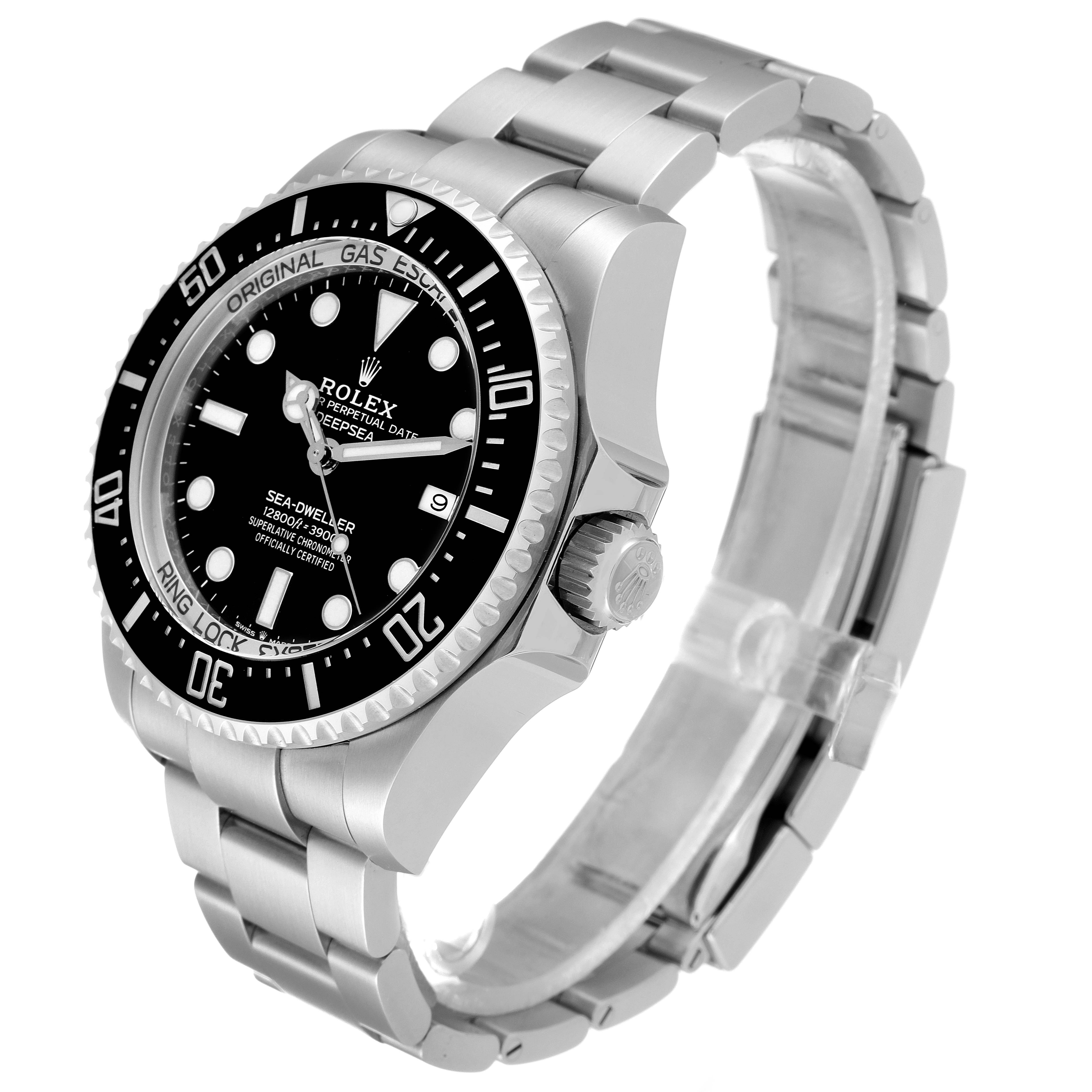 This image shows a side angle of a Rolex Sea-Dweller 126660 Men
s Stainless Steel Black Dial 126660 Men
s Stainless Steel Black Dial watch, highlighting its dial, bezel, case, crown, and bracelet.