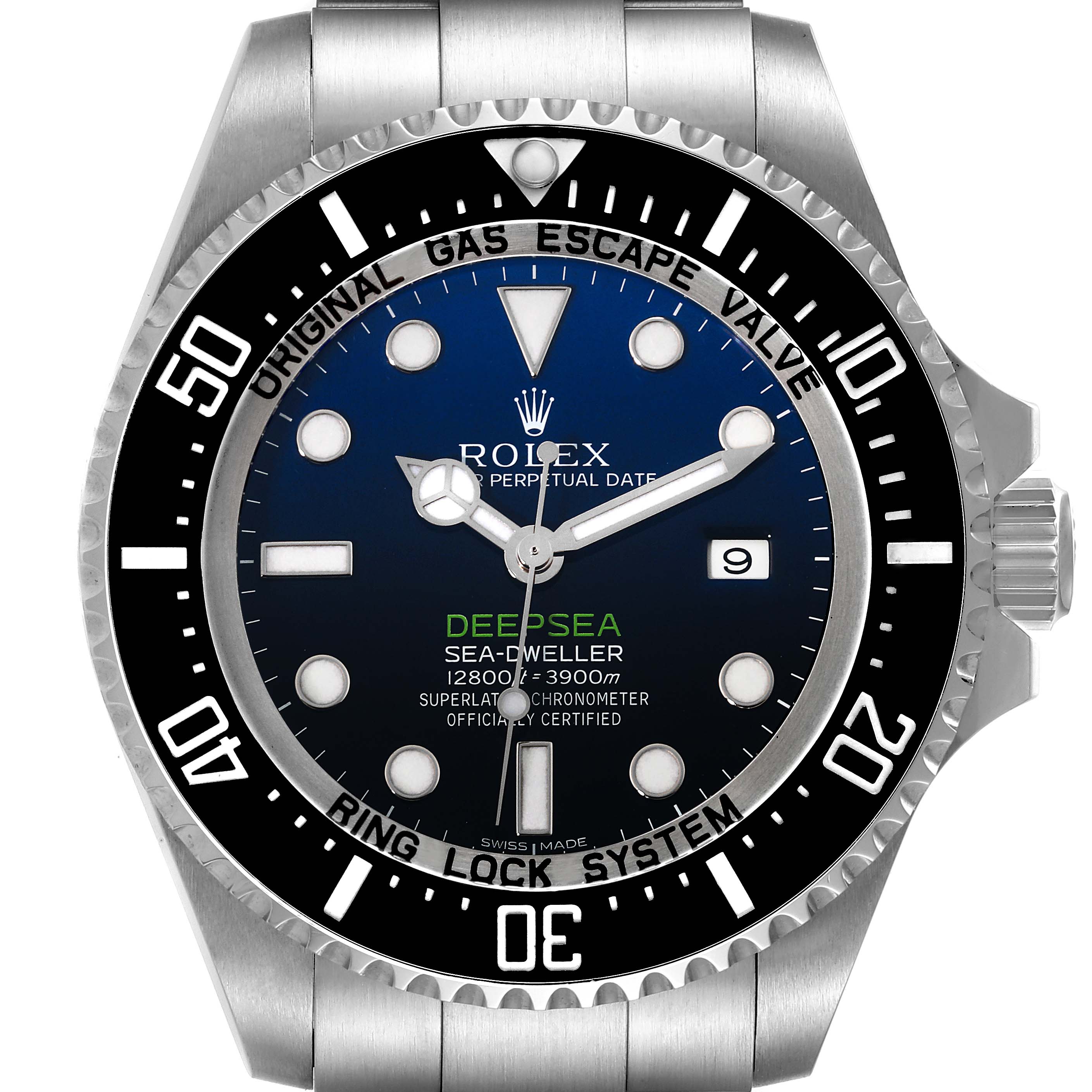 This image shows a front view of a Rolex Sea-Dweller 116660 Men's Stainless Steel Blue Dial 116660 Men's Stainless Steel Blue Dial model watch, highlighting its dial, bezel, and crown.