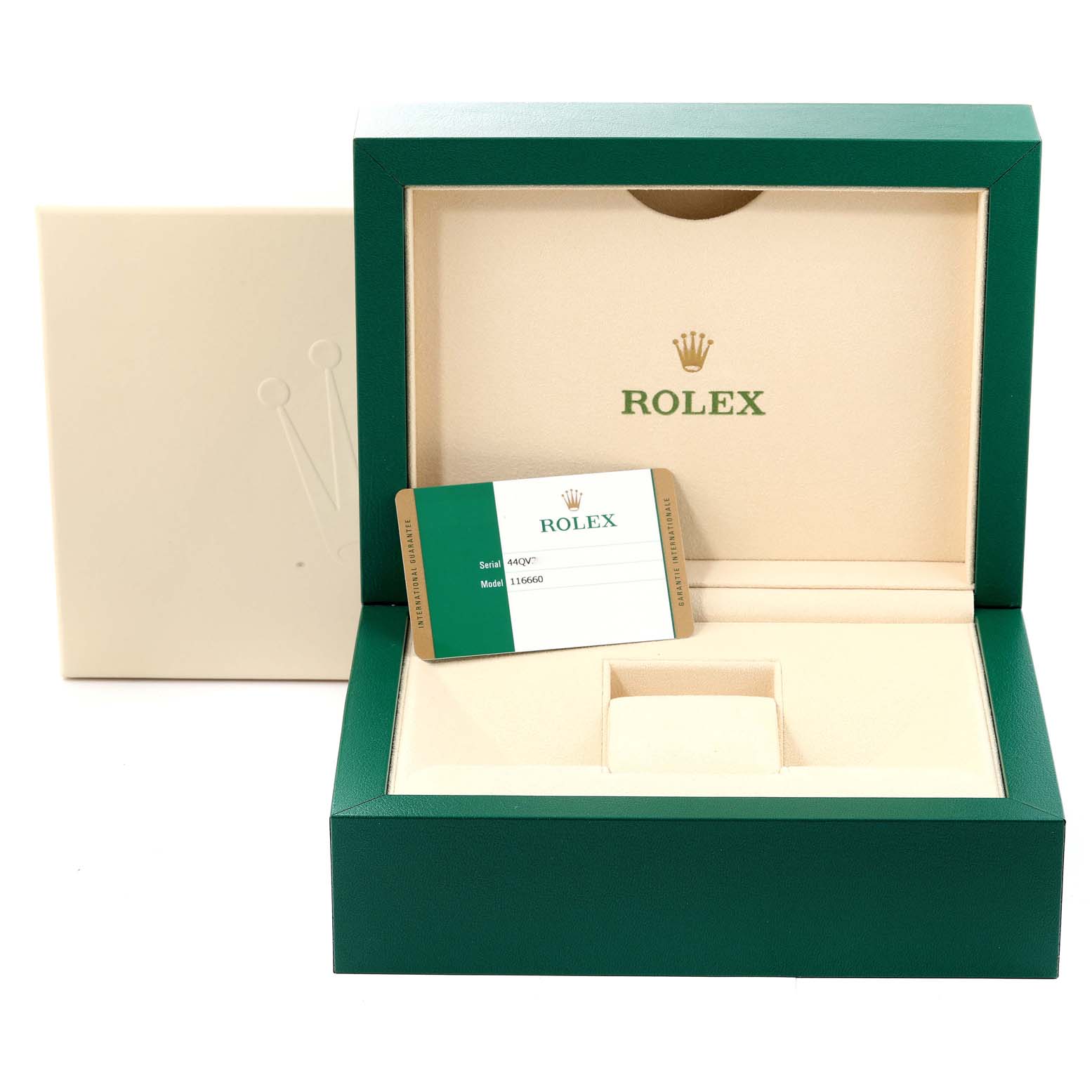 The image shows the open box and certification card of a Rolex Sea-Dweller 116660 Men's Stainless Steel Blue Dial 116660 Men's Stainless Steel Blue Dial watch.
