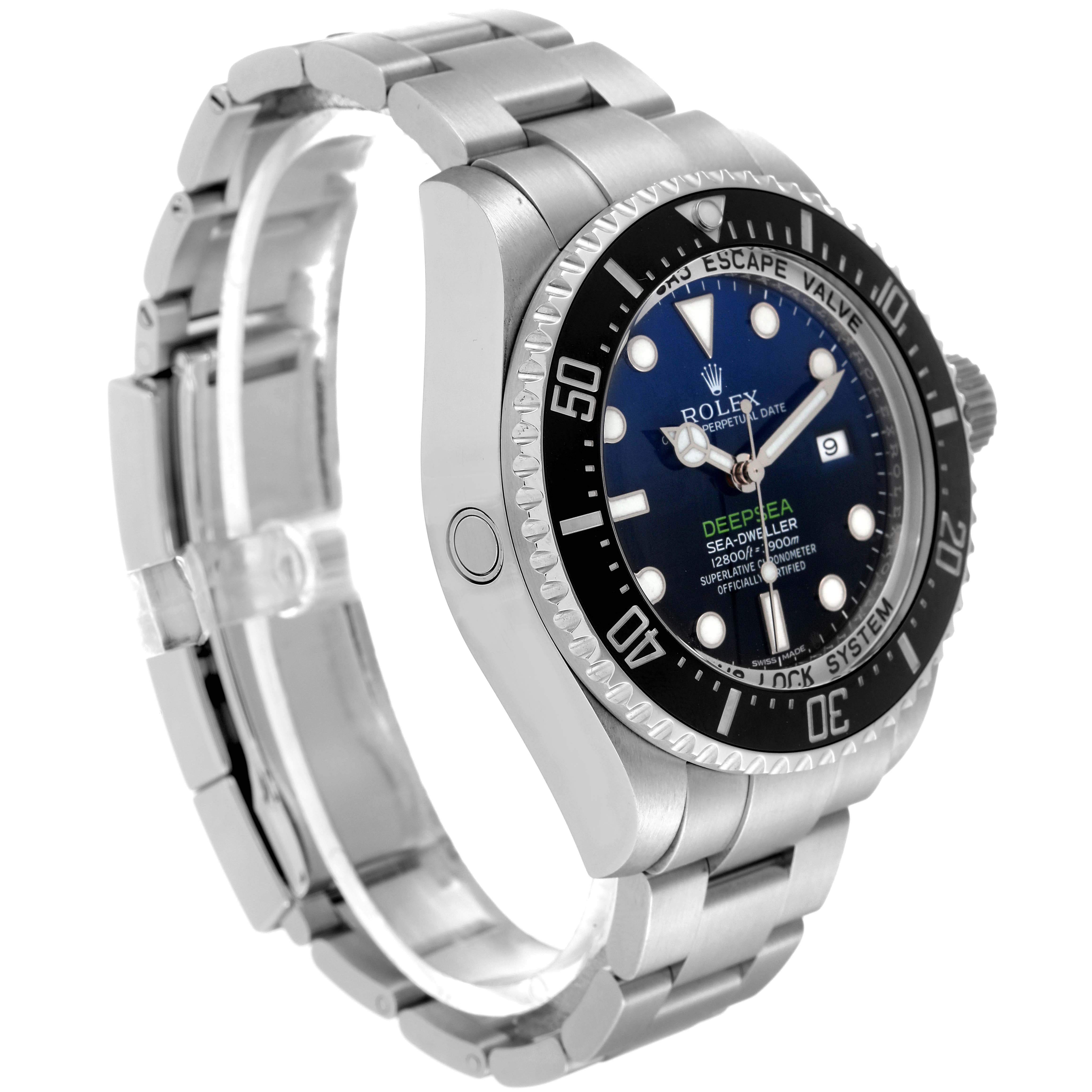 The image shows a Rolex Sea-Dweller 116660 Men's Stainless Steel Blue Dial 116660 Men's Stainless Steel Blue Dial watch from a side angle, highlighting the face, bezel, crown, and bracelet.