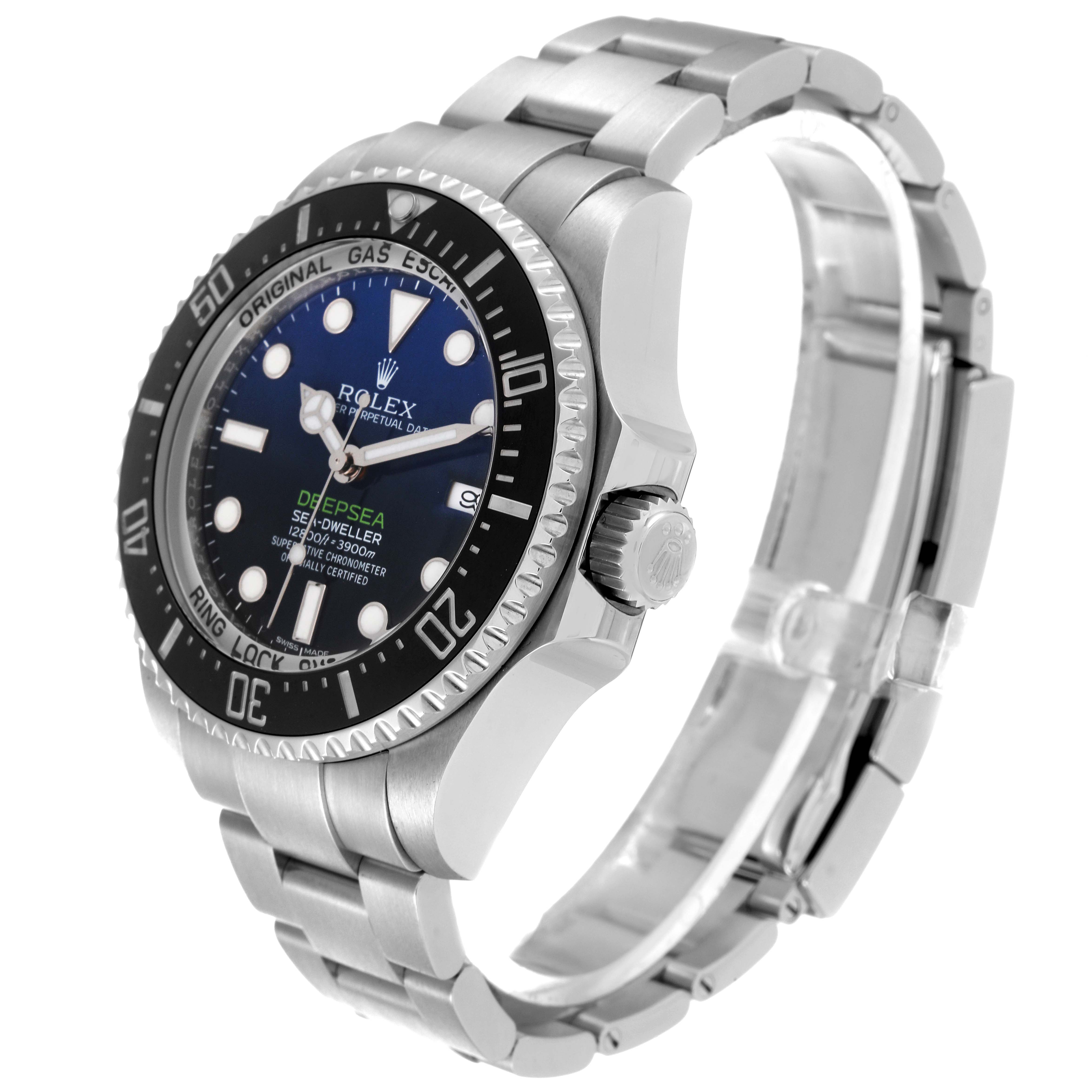 The image shows a side angle of the Rolex Sea-Dweller 116660 Men's Stainless Steel Blue Dial 116660 Men's Stainless Steel Blue Dial watch, highlighting the bezel, dial, case, crown, and part of the bracelet.