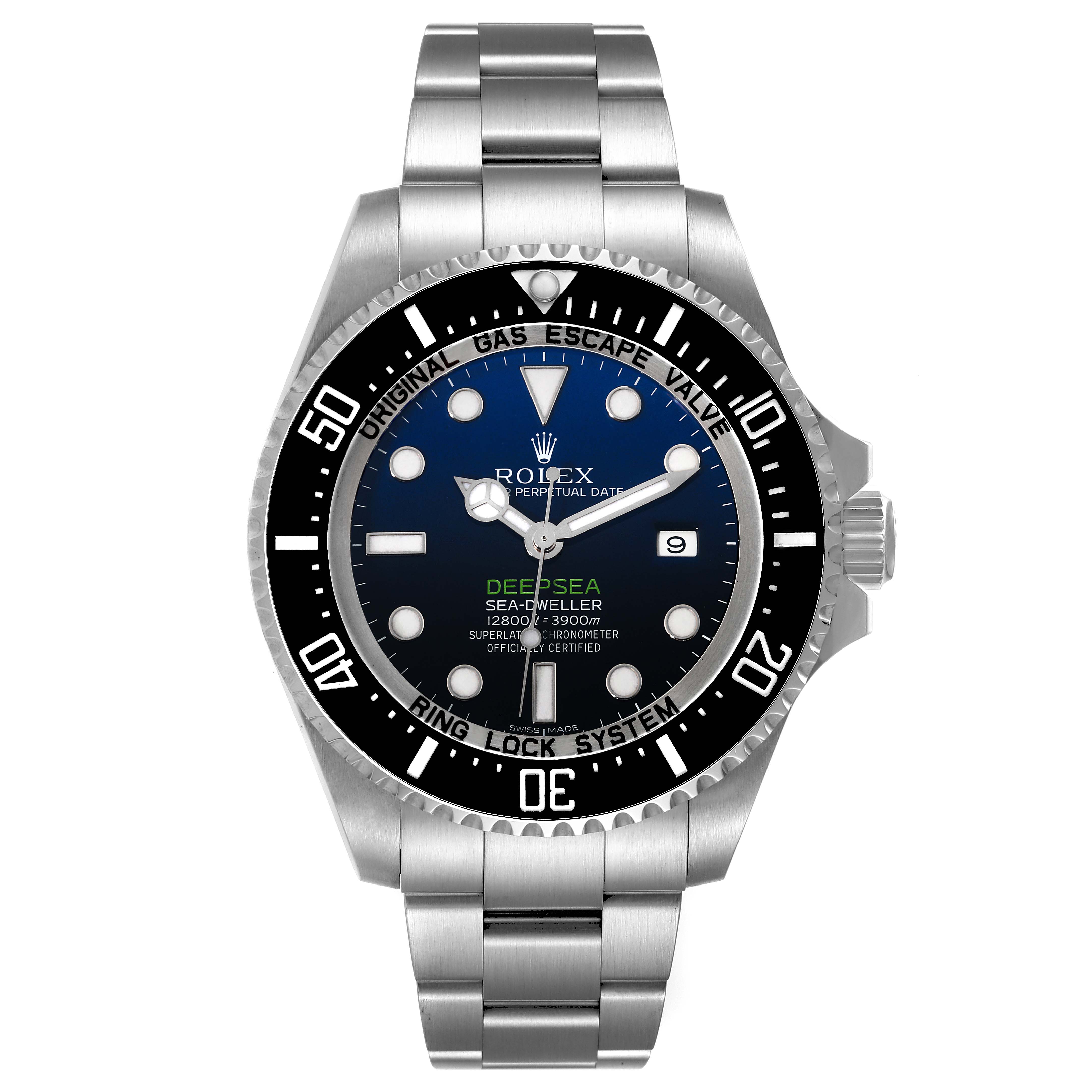 The image shows a front view of the Rolex Sea-Dweller 116660 Men's Stainless Steel Blue Dial 116660 Men's Stainless Steel Blue Dial watch, featuring the dial, bezel, crown, and bracelet.