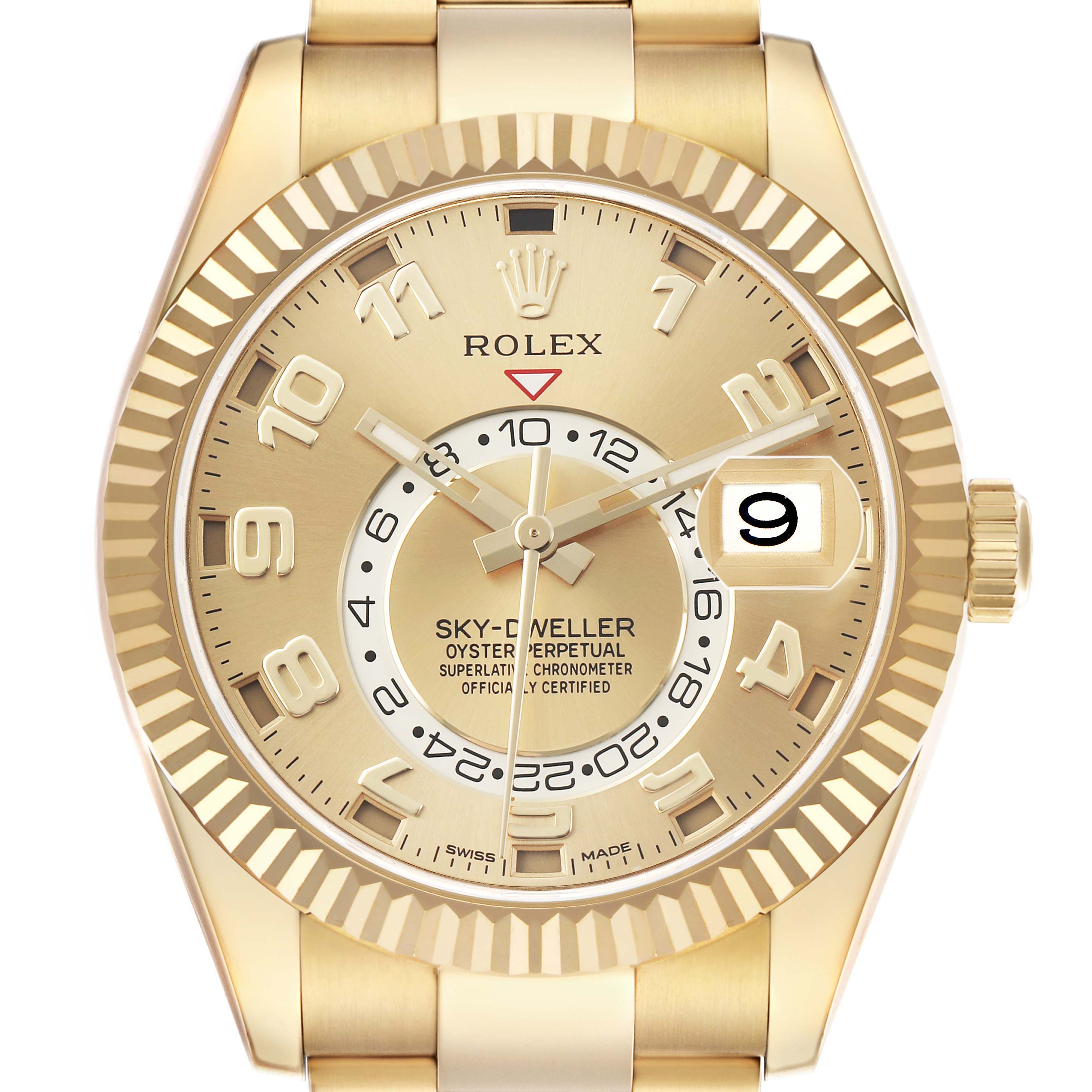 The image shows a frontal view of the Rolex Sky-Dweller 326938 Men's Yellow Gold Champagne Dial, highlighting its dial, bezel, and crown.