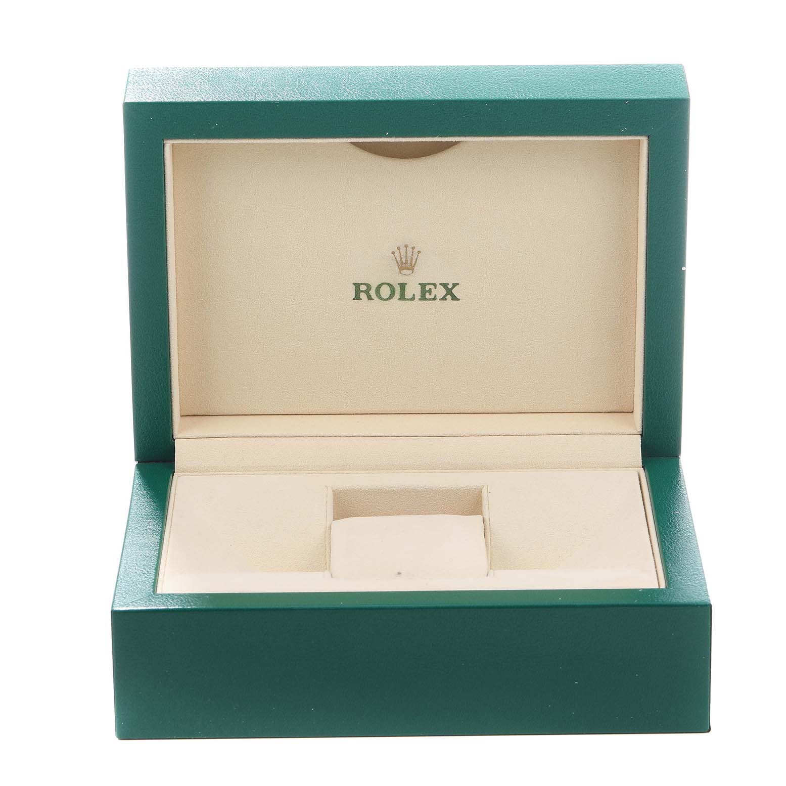 The image shows an open green and beige Rolex watch box for the Sky-Dweller model, viewed from the front.
