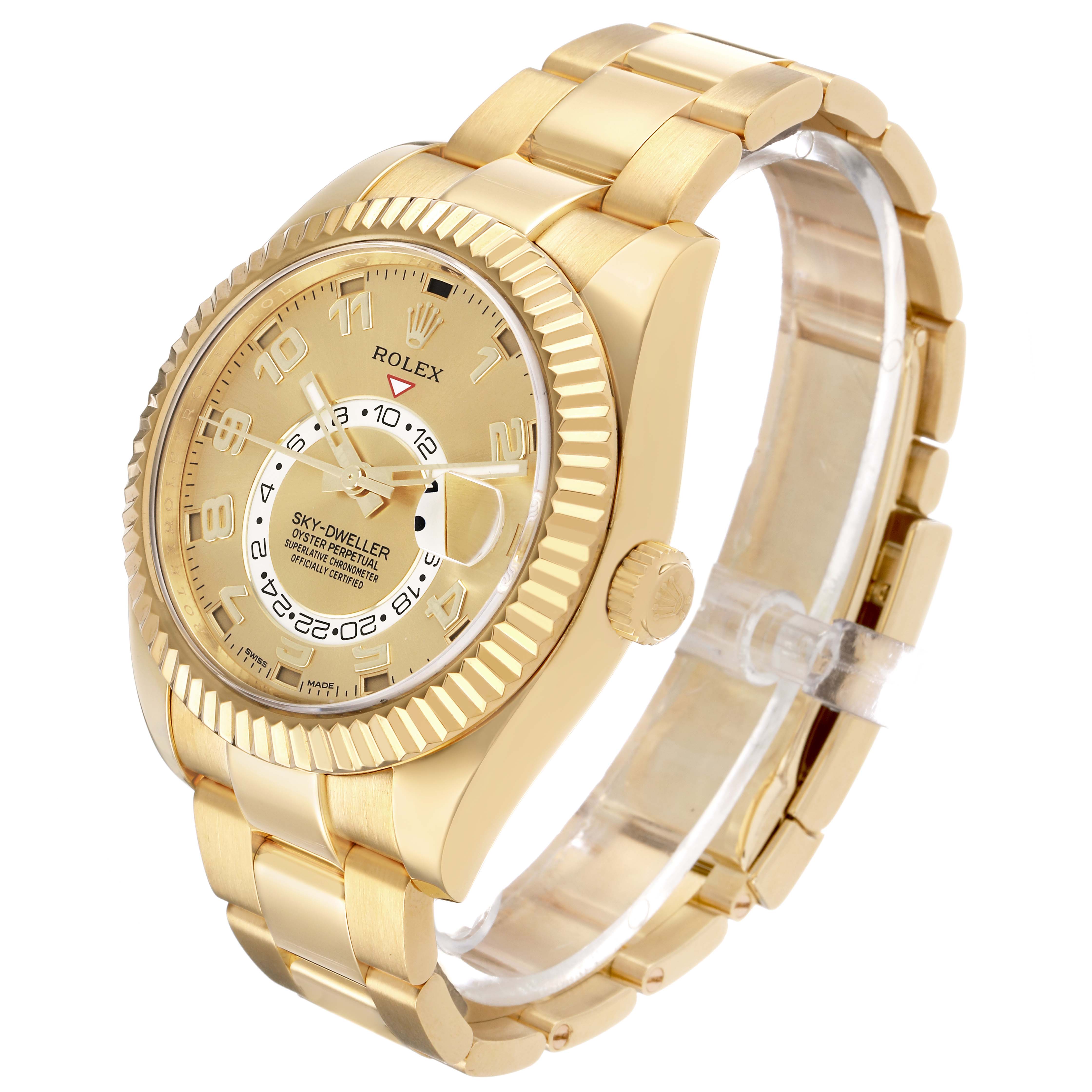 The Rolex Sky-Dweller 326938 Men's Yellow Gold Champagne Dial is shown at a three-quarter angle, highlighting the face, bezel, and bracelet.