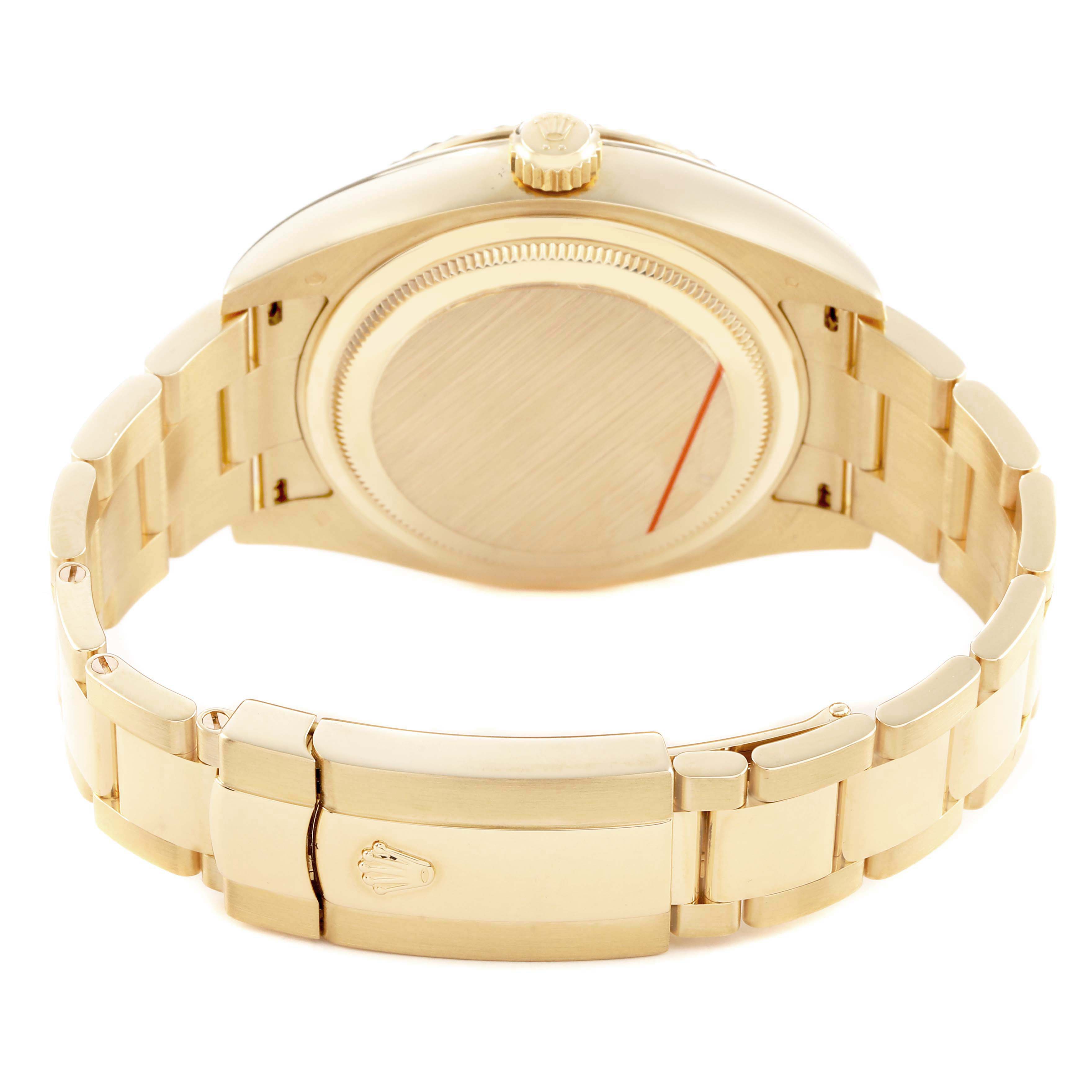 The Rolex Sky-Dweller 326938 Men's Yellow Gold Champagne Dial watch is shown from the rear, highlighting the case back, bracelet, and clasp.