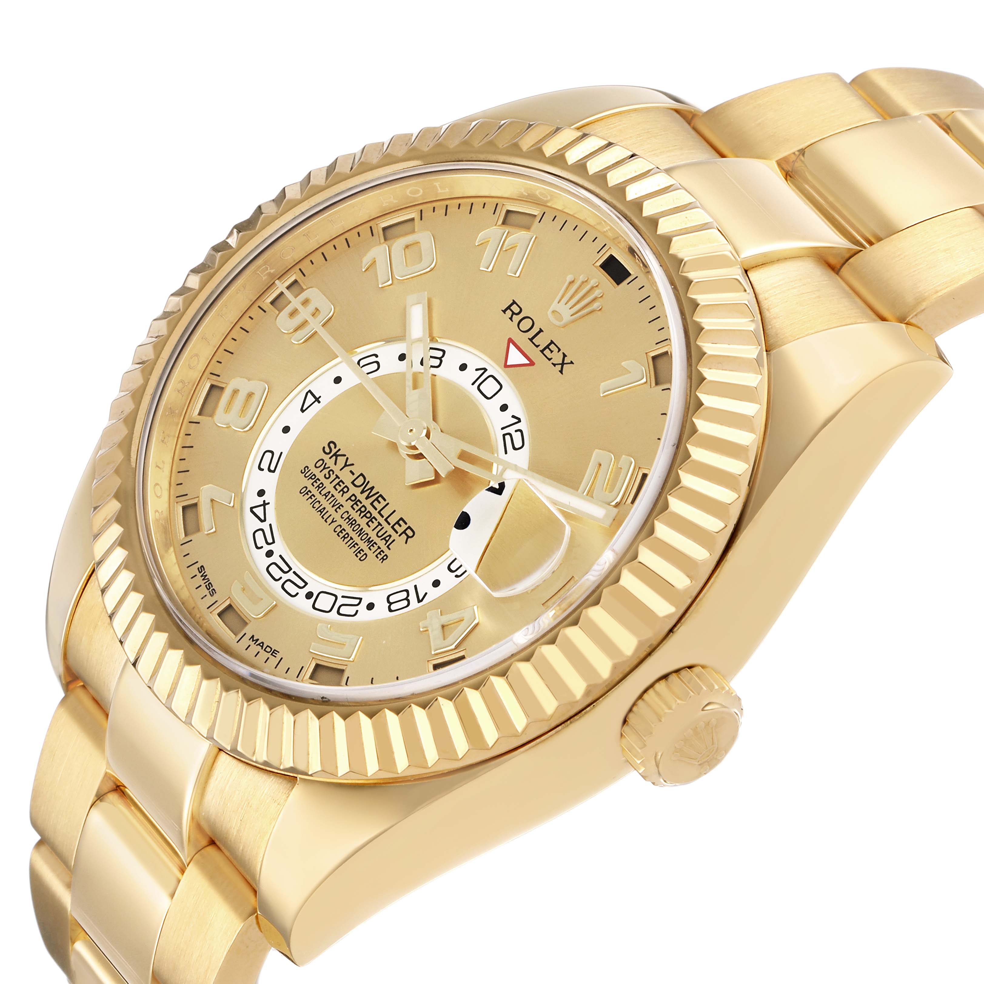 The Rolex Sky-Dweller 326938 Men's Yellow Gold Champagne Dial watch is shown at a tilted angle, highlighting its gold case, fluted bezel, dial, and part of the bracelet.