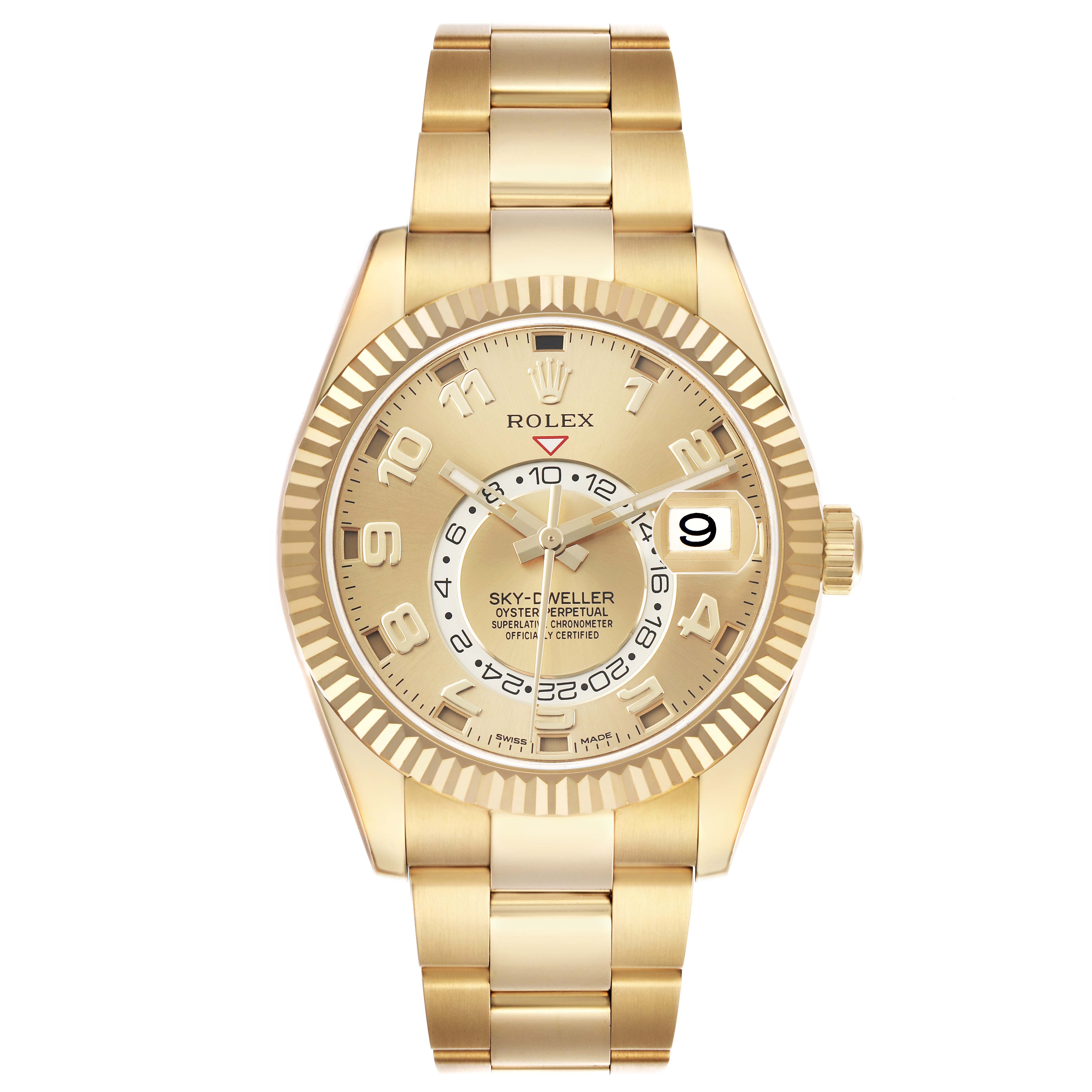 The Rolex Sky-Dweller 326938 Men's Yellow Gold Champagne Dial watch is shown from the front, highlighting its face, bezel, and gold bracelet.